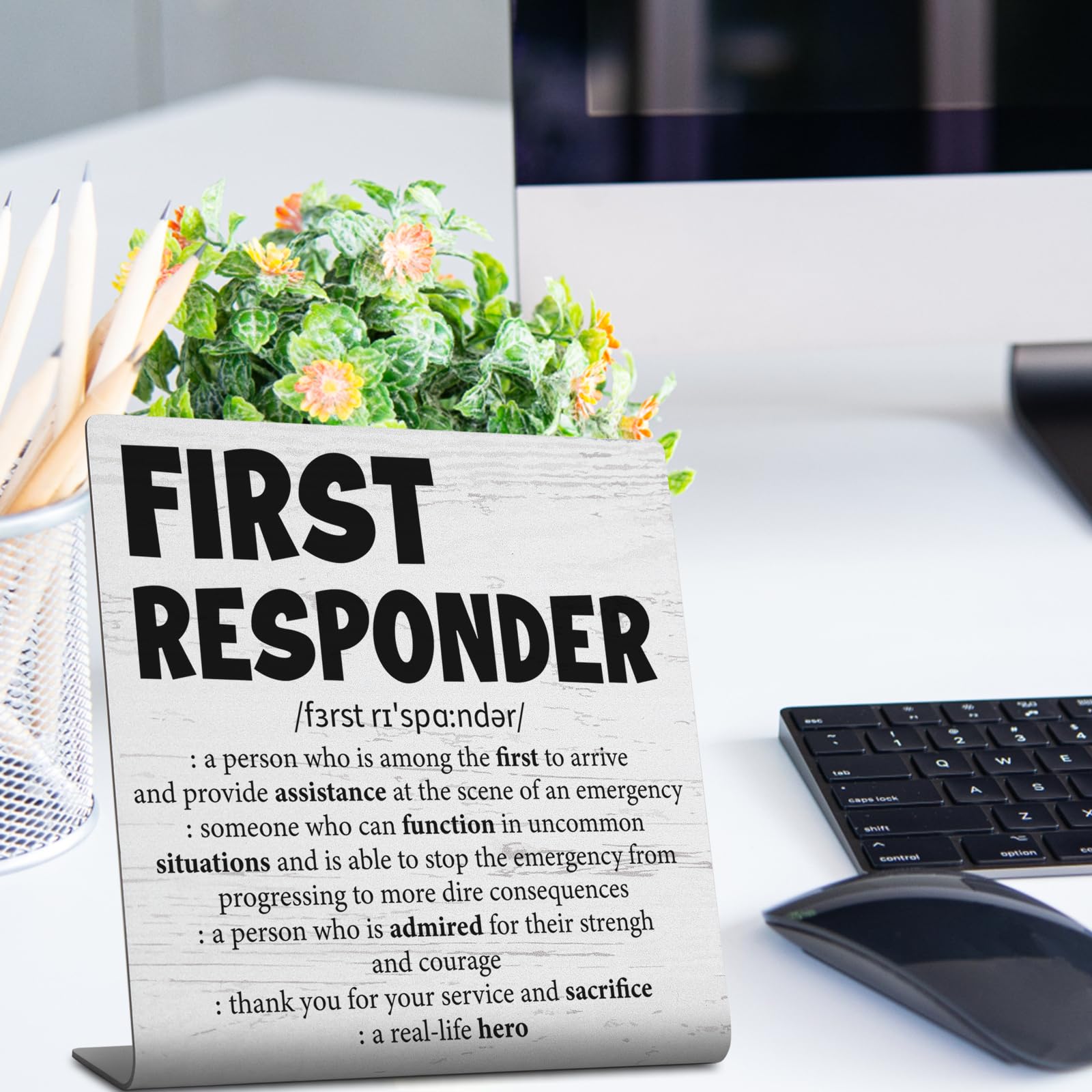 First Responder Definition Desk Decorative Sign, Thin Line Flag Tribute Gift for EMS Police Fire Dispatch Military Hero Graduati