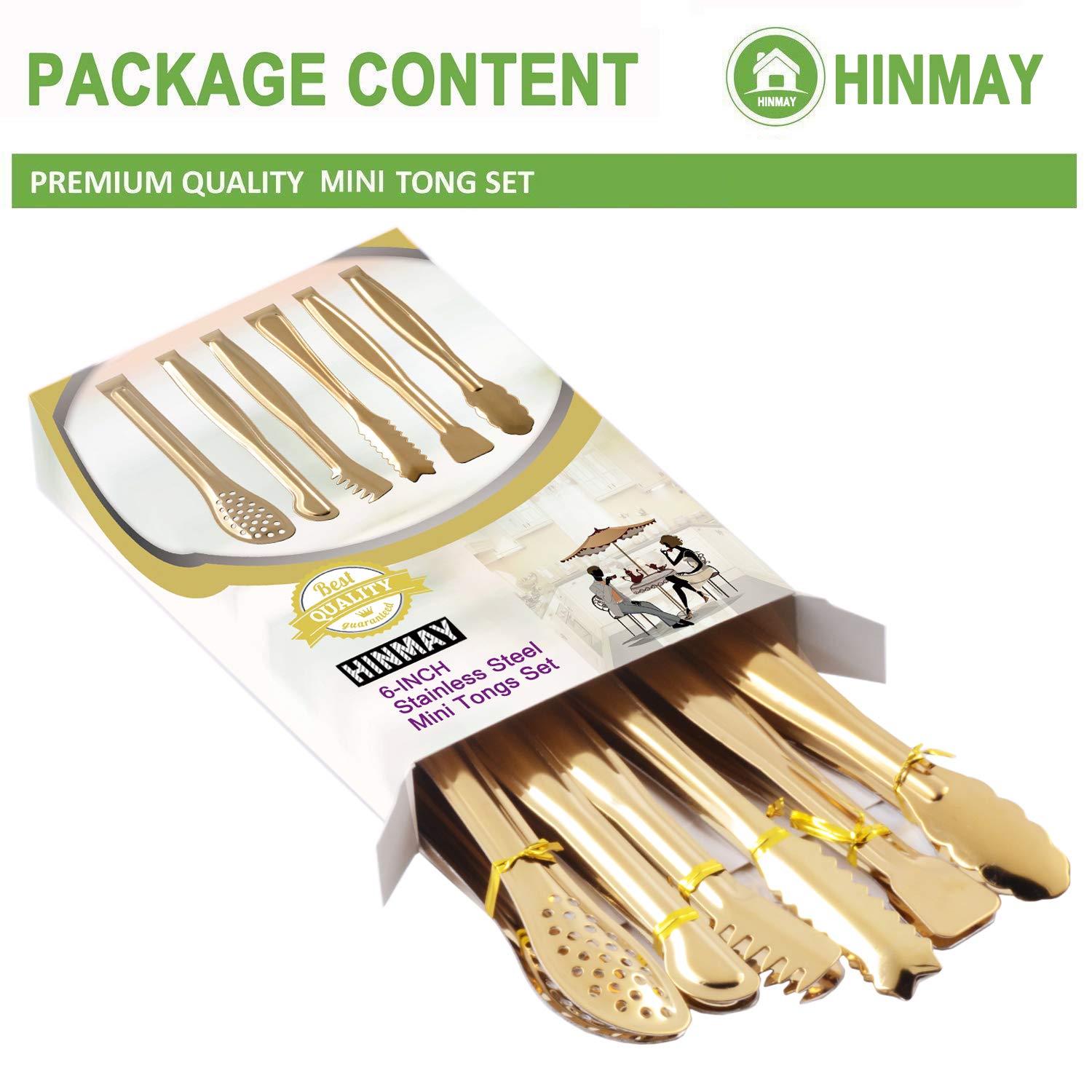 Hinmay Gold Plated Mini Serving Tongs Set 6-Inch Appetizers Tongs Stainless Steel Small Sugar Cube Tongs Ice Tongs, Set Of 6