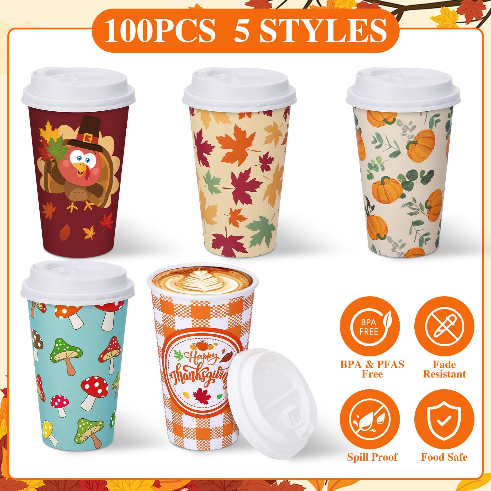 Ovveroche 100 Pack 16 oz Fall Thanksgiving Disposable Coffee Cups with Lids,Pumpkin Maple Leaves Mushroom Disposable Cups for Ho