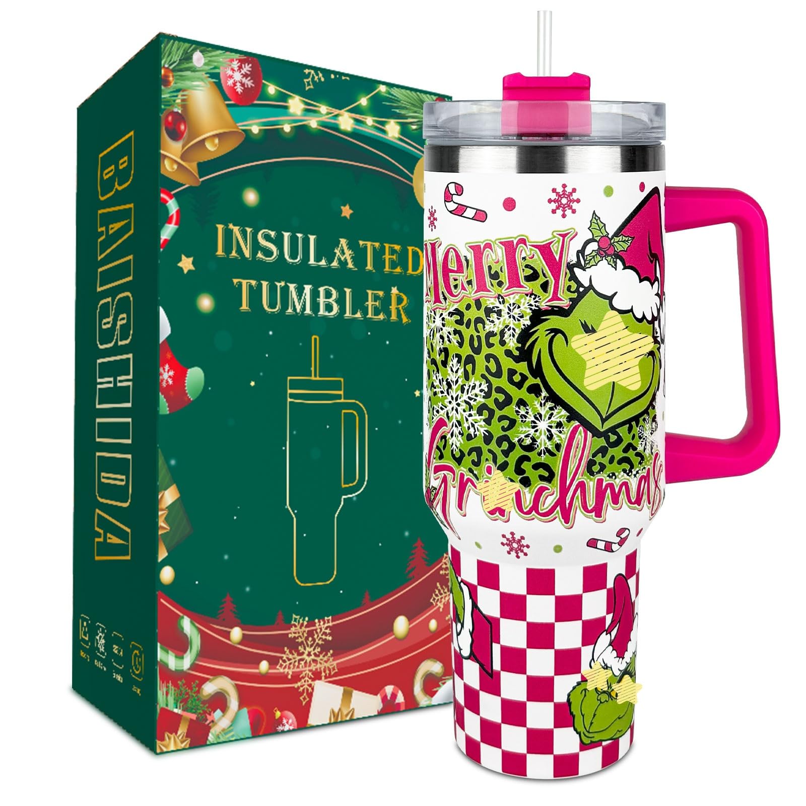 BAISHIDA 40 oz Christmas Grinchi Tumbler with Handle and Straw, Stainless Steel Tumbler with Lid Straw, Car Sports Travel Cup Gi
