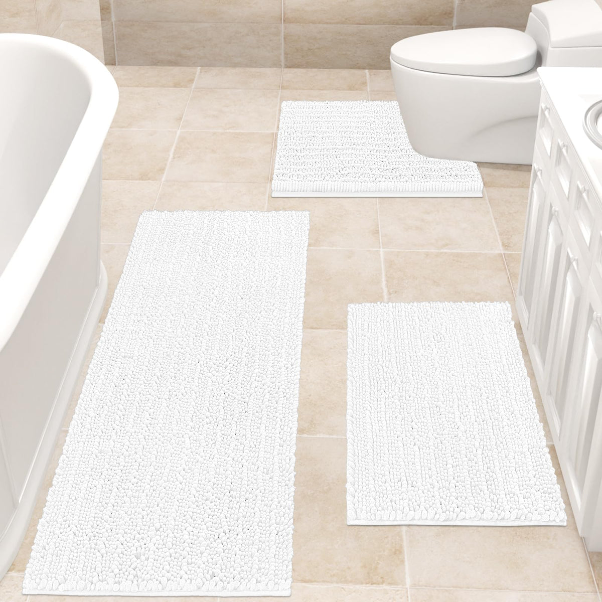 Accumtek Upgrade Extra Large White Bathroom Rug Set 3 Pieces Ultra Soft, Thick Absorbent Bath Mats, Non Slip Chenille Toilet Mat