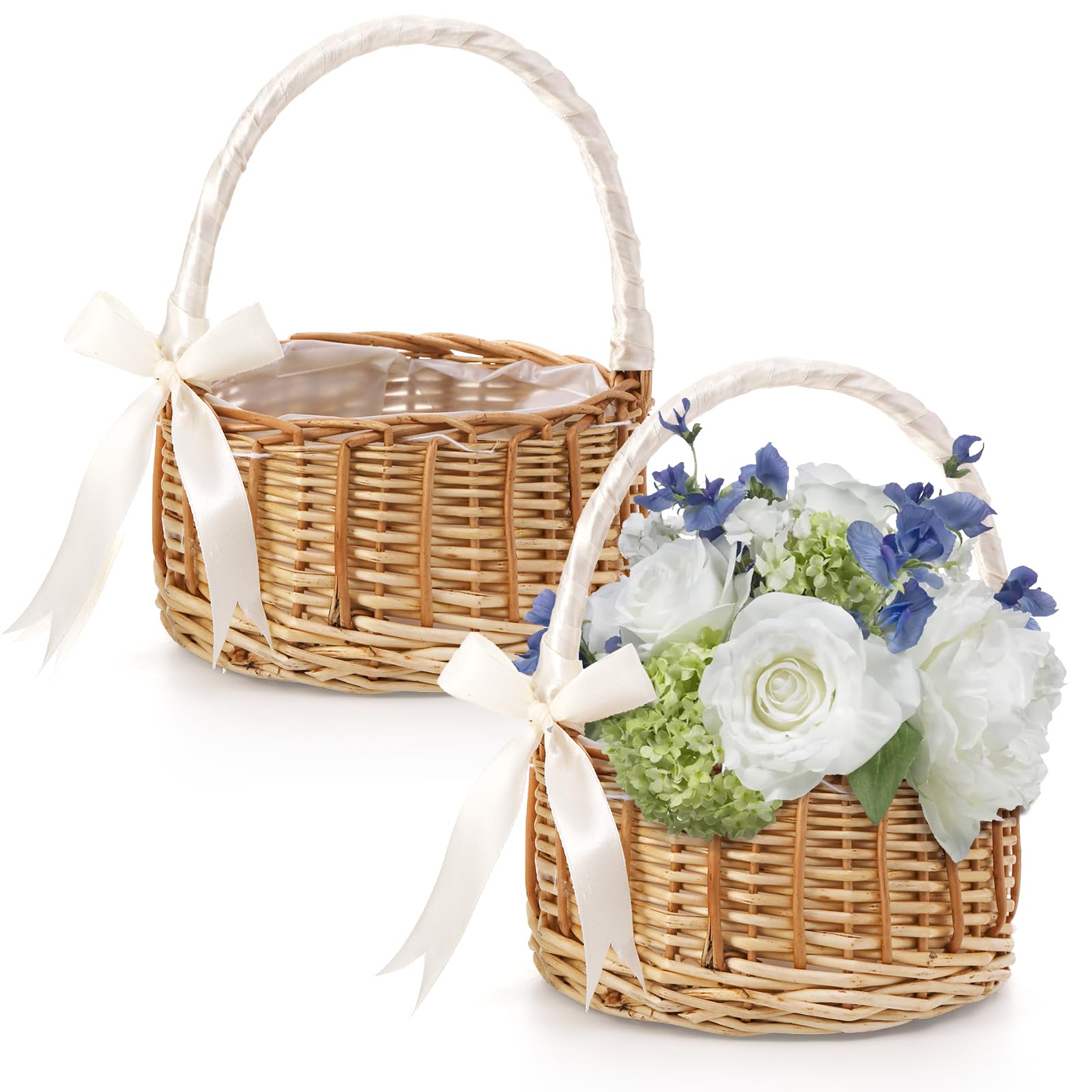 Lyellfe 2 Pack Flower Girl Basket with Handle, Silk Ribbon