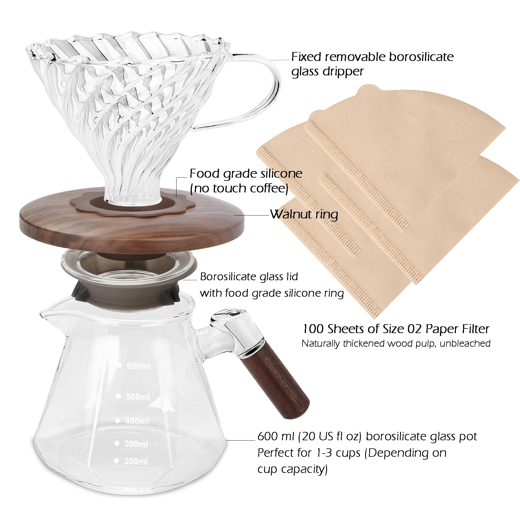 Lalord Pour Over Coffee Maker, 20 Oz Borosilicate Glass Set With 100 Pcs V60 Paper Filter, Coffee Dripper With Walnut Collar, Co