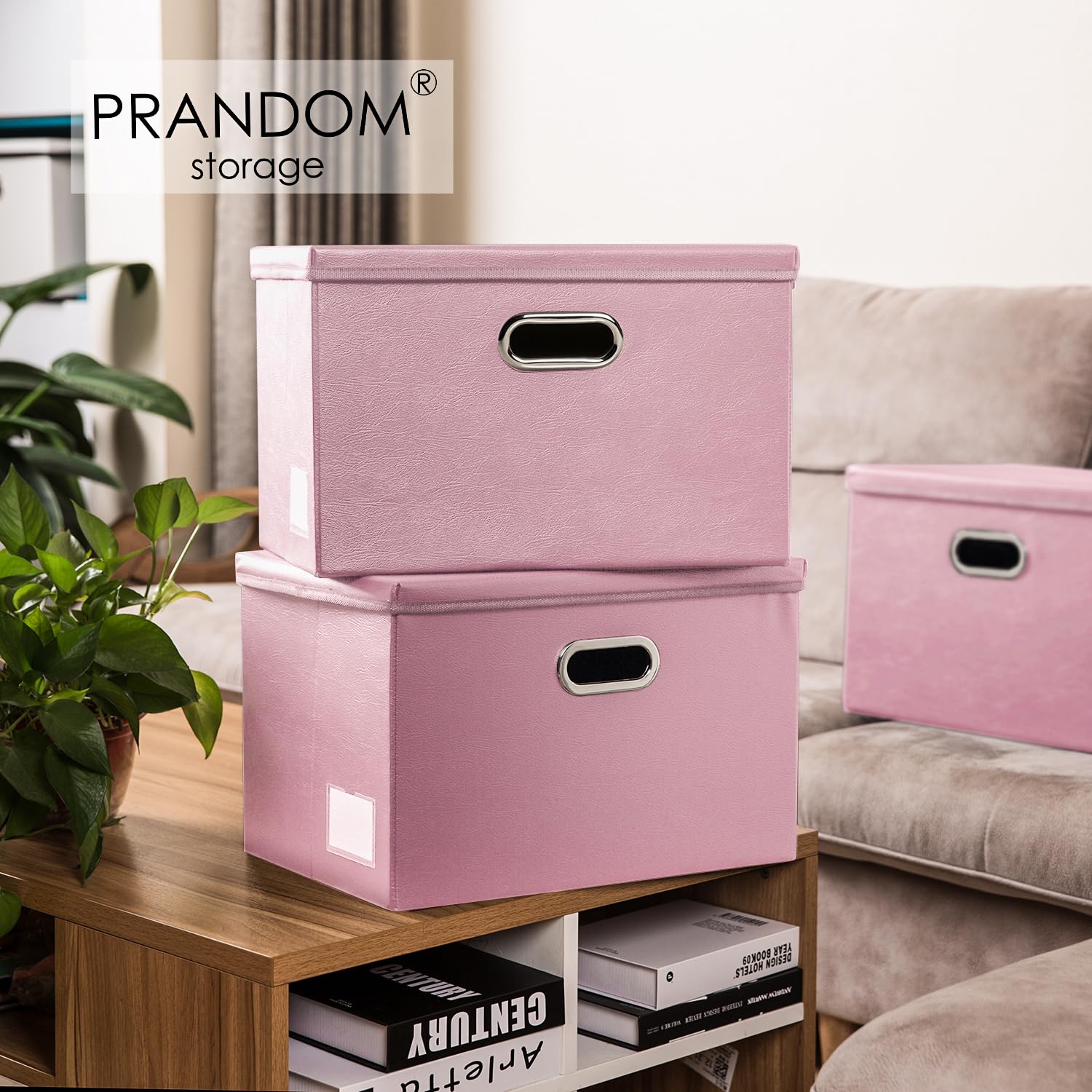 Prandom Large Collapsible Storage Box With Lid [1-Pack] Leather Fabric Foldable Storage Bin Organizer Container Basket Cube With