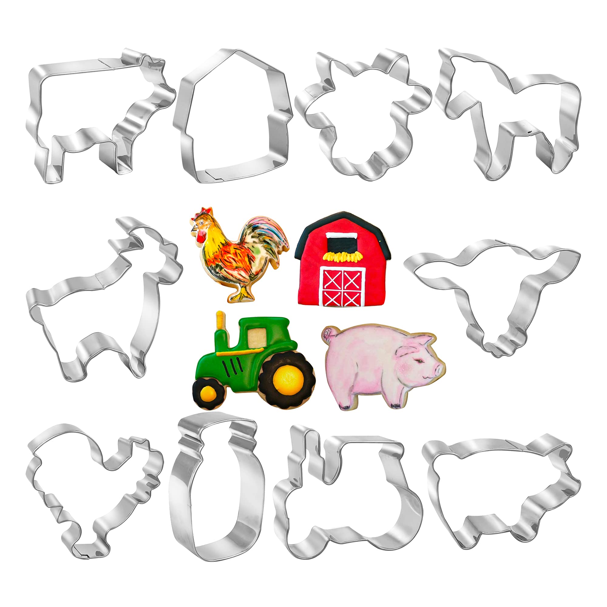 10 Pcs Farm Cookie Cutter Set With Recipe Booklet Rooster Cow Pig Lamb Horse Barn And Tractor Cow Face Milk Bottle Bull Head