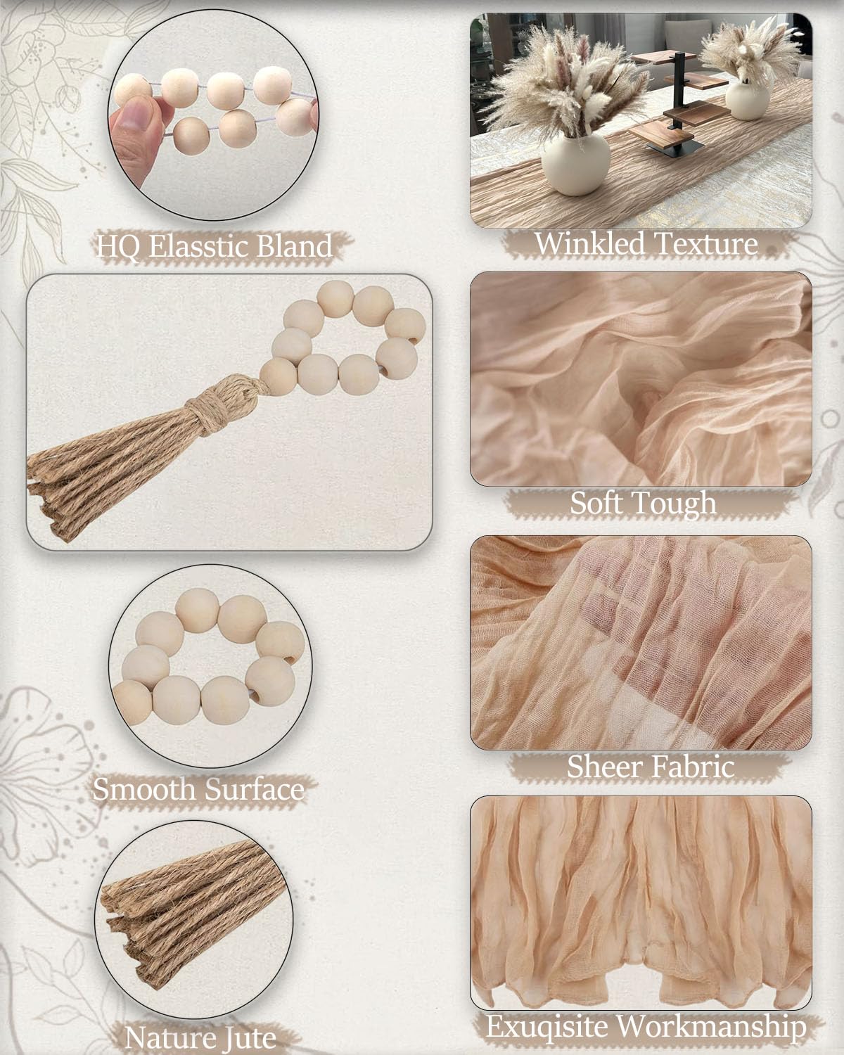 Fusenyuan Beige Cheesecloth Table Runner 10Ft +6 Napkins +6 Wood Bead Tassel Napkin Rings (120'' X 35'' ) Rustic Gauze Sheer Tab