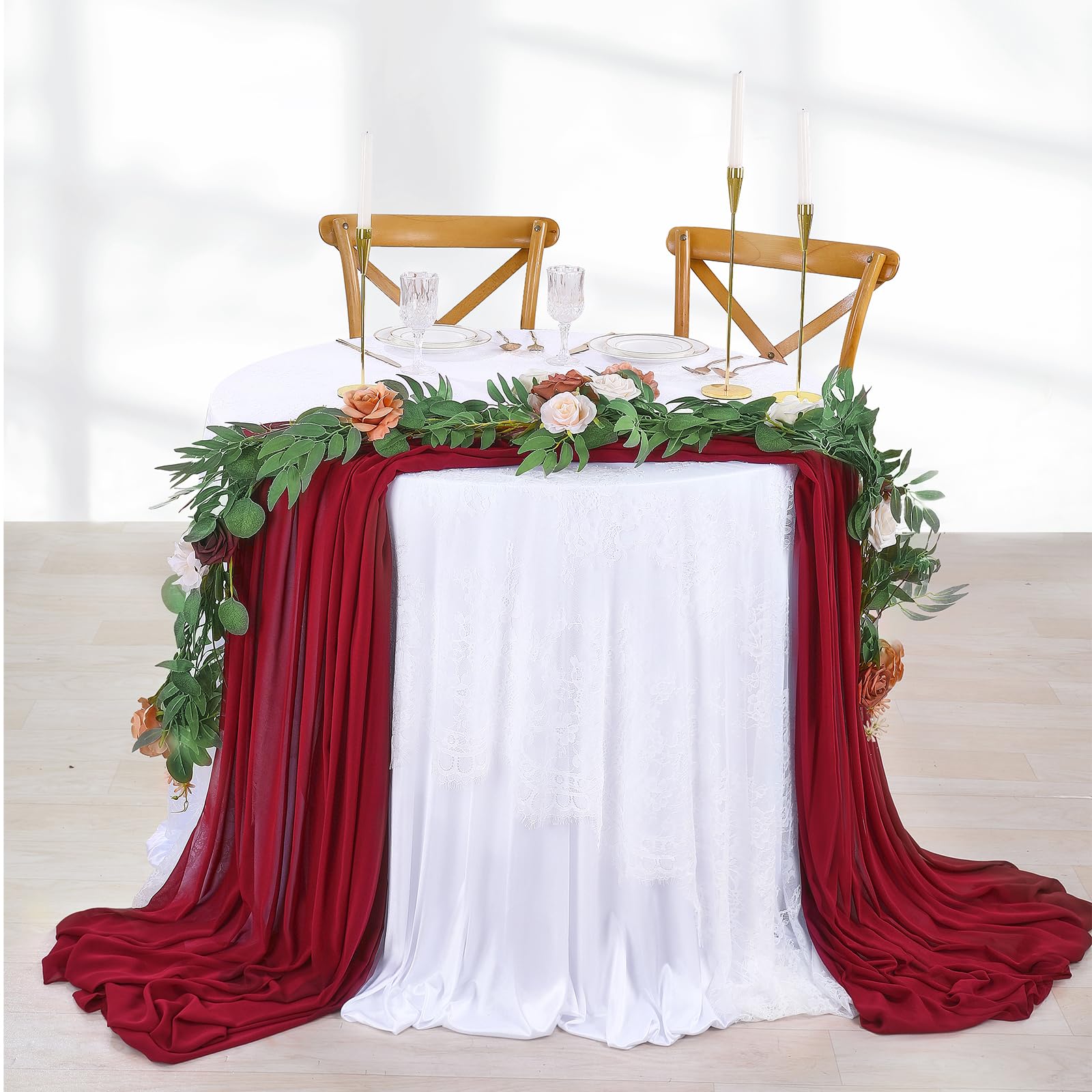 5 Pieces 10Ft Wedding Table Runner Burgundy Chiffon Table Runners Sheer Wedding Arch Overlay Fabric for Birthday Bridal Party Decorations