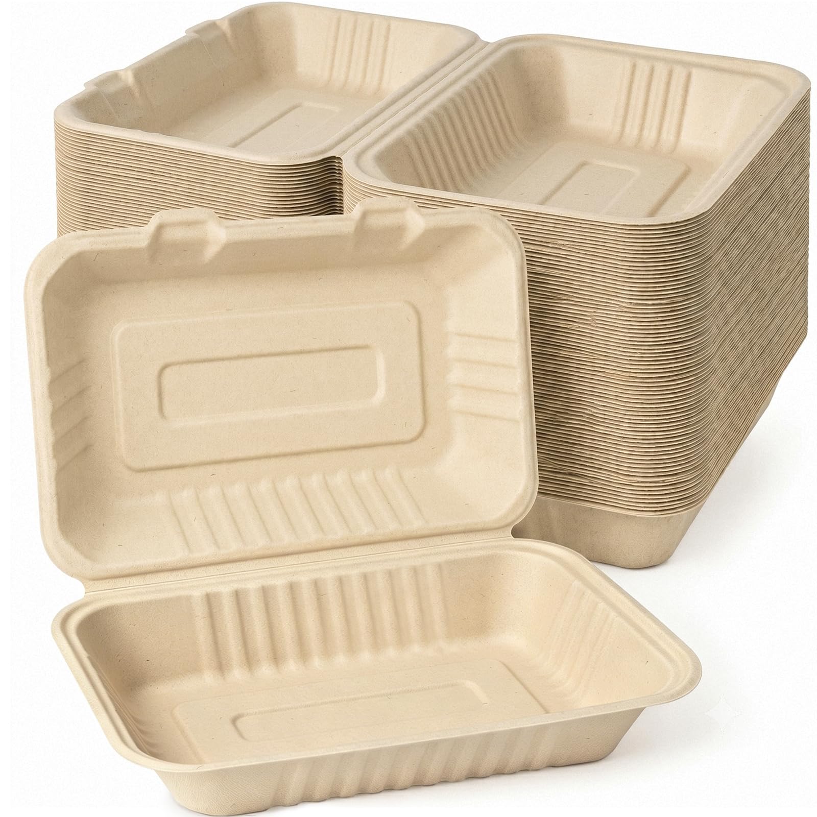 VEIZEDD 100 Pack 9 x 6 Inch Clamshell Take Out Food Containers, Compostable To Go Food Containers, Bagasse Disposable To Go Boxe