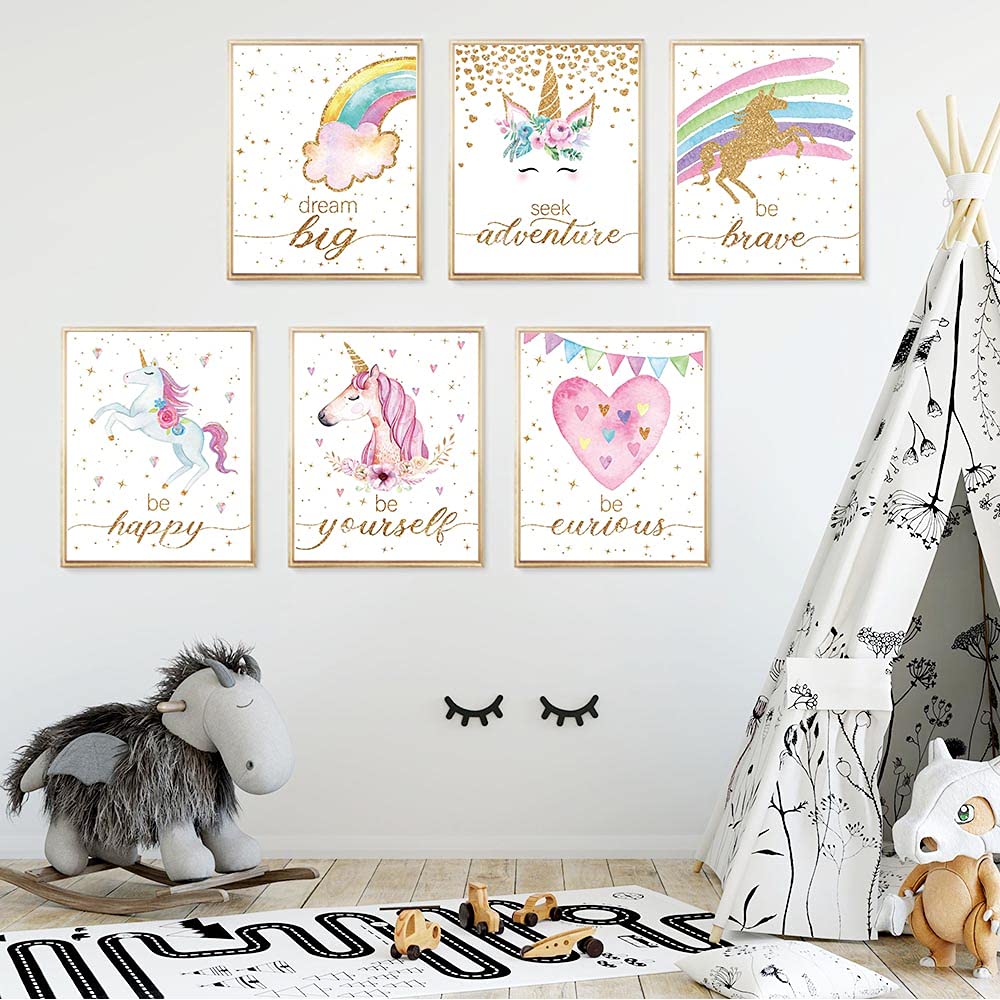 FALJIOK Inspirational Unicorn Watercolor Art Prints Poster Set of 6 (8X10) Unicorn Wall Decor  Kids Room Decor for Girls  Girls Room Decorations for Bedroom  Posters for Teen Girls Room  Unframed