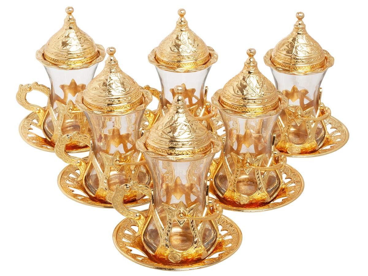 Alisveristime (Set Of 6 Handmade Turkish Tea Water Zamzam Serving Set Glasses Saucer And Spoon (Gold)