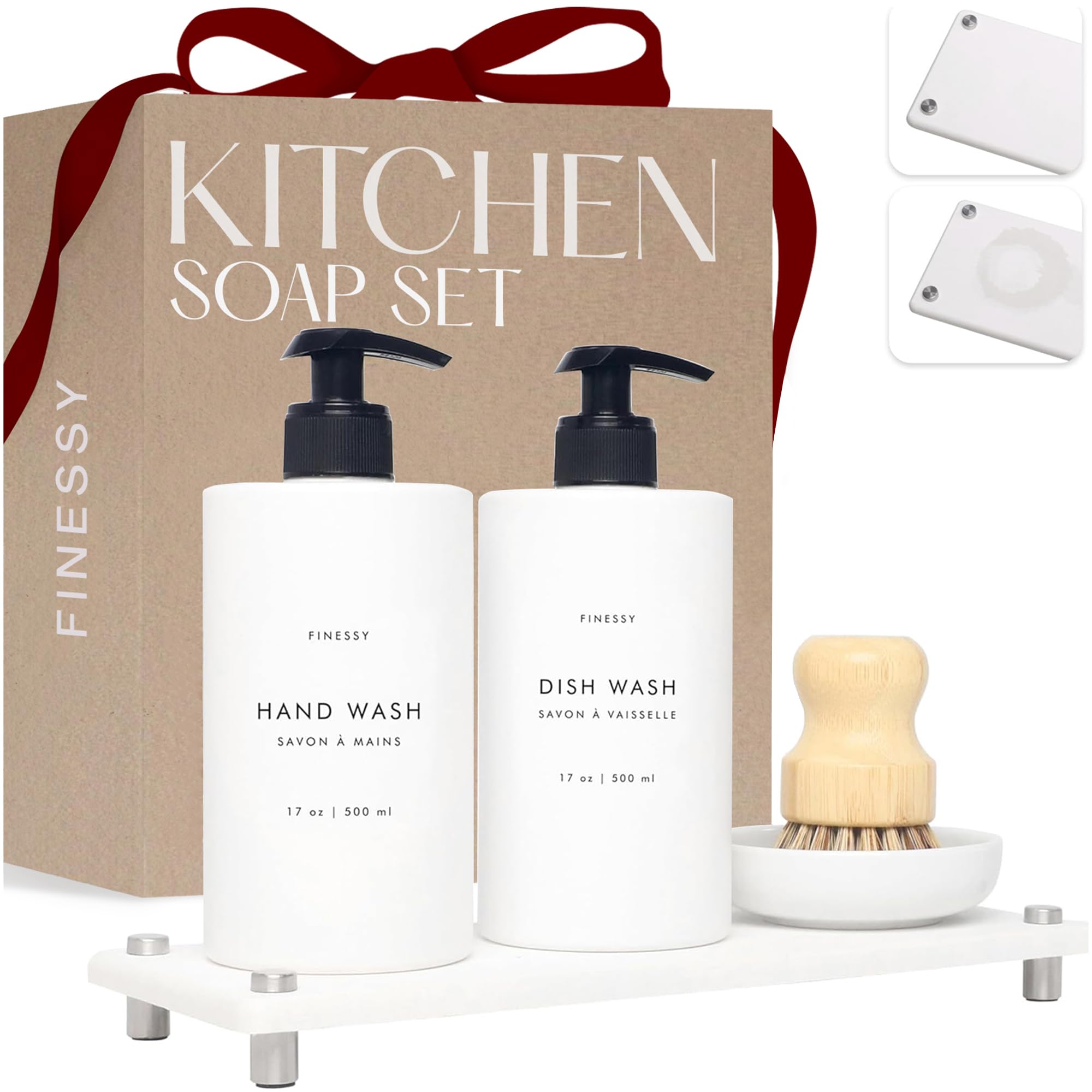 Luxe White Kitchen Soap Dispenser Set With Tray And Dish Brush, Refillable Hand And Dish Soap Dispenser Set Bottles With Pump Fo
