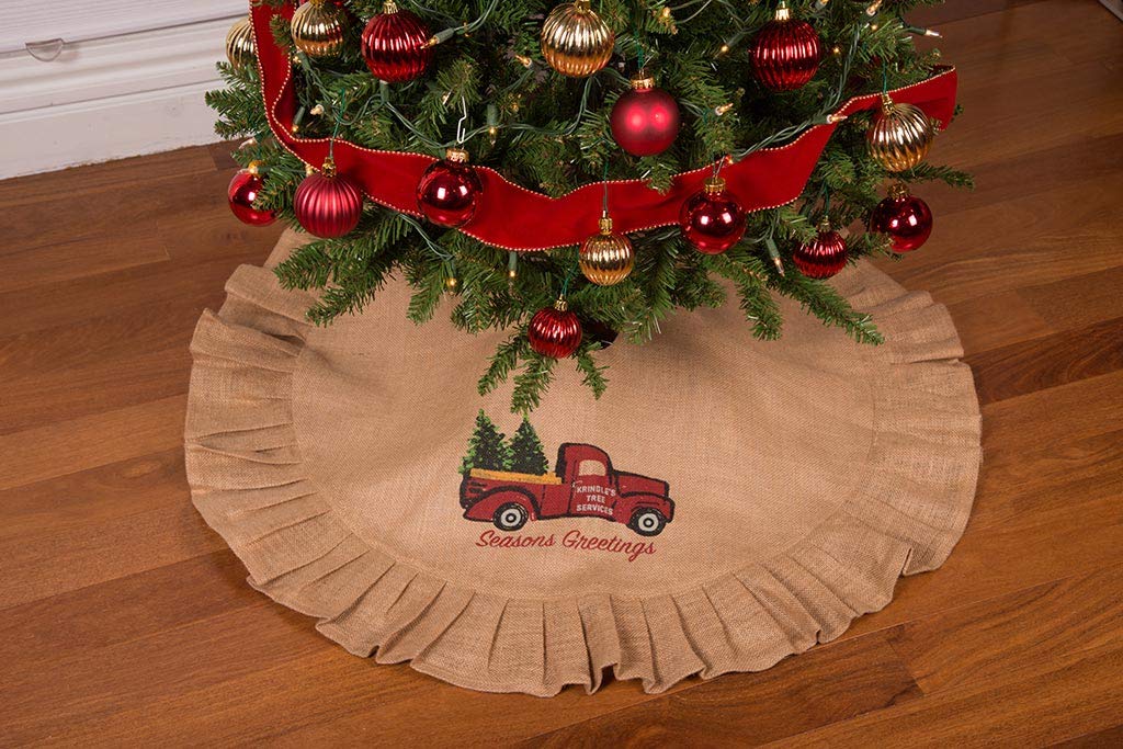 36 Tan Tree Skirt with Ruffled Edge and Vintage Red Truck Delivering Christmas Trees