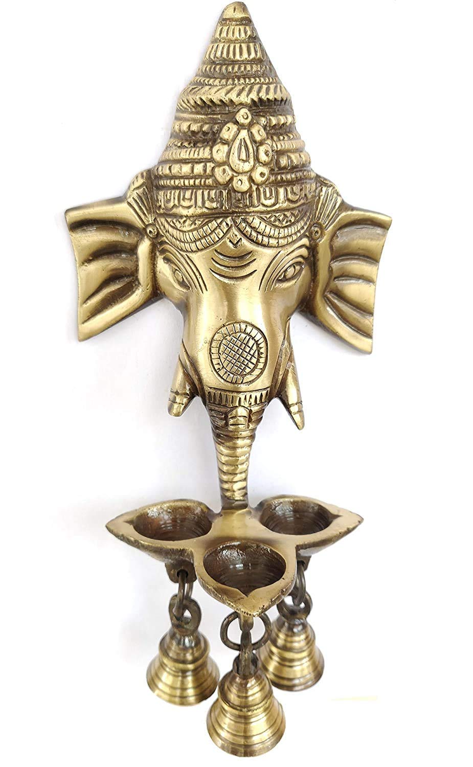 Craftomanic Brass Antique Ganesha Wall Hanging Deepak / 3 Diya with Bells for Home Decor (9.5 inch)