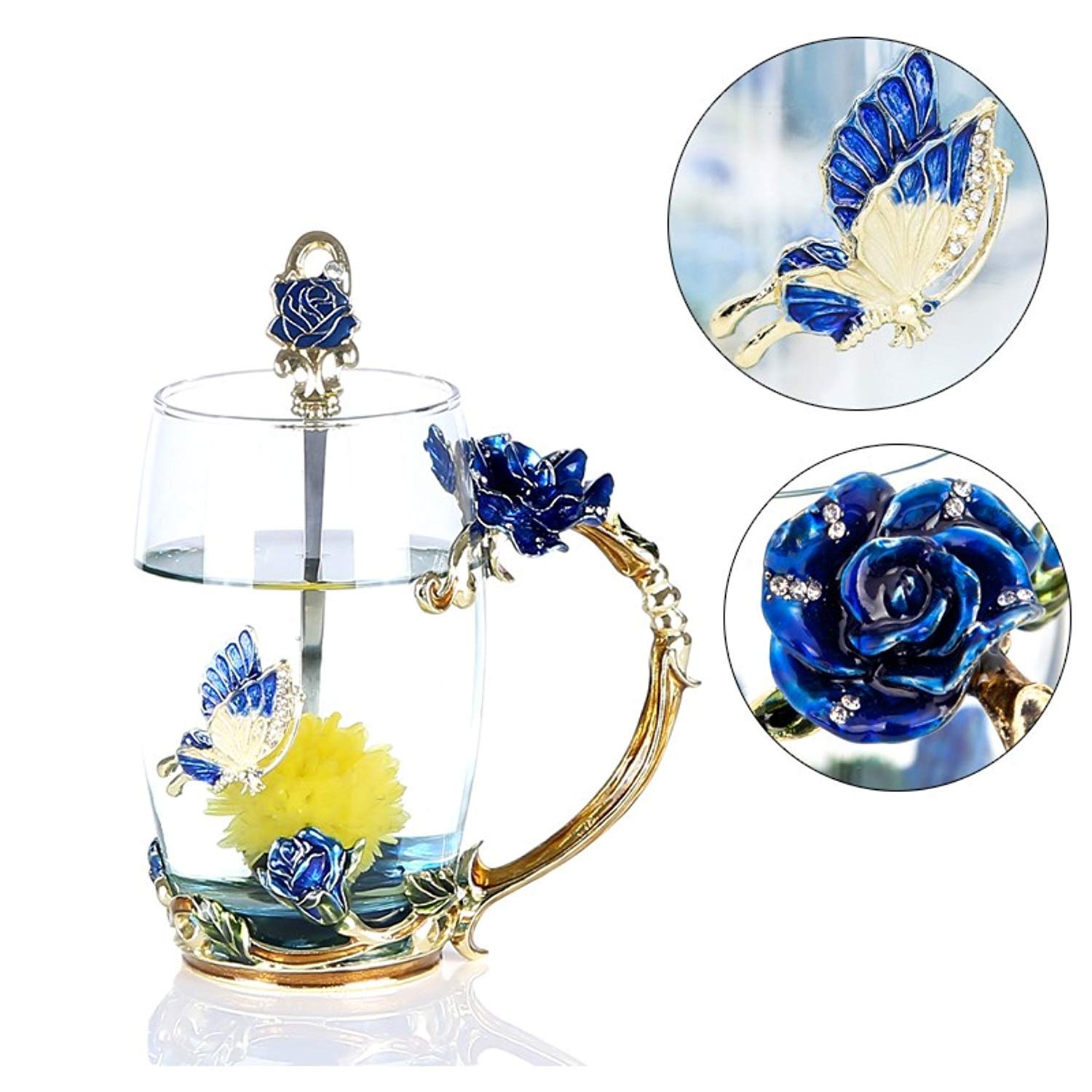 Dasyfly Enamel Glass Tea Cup Blue Rose Coffee Mug,Personalized Gifts For Birthday Mothers Day Anniversary Christmas For Mom,Wome