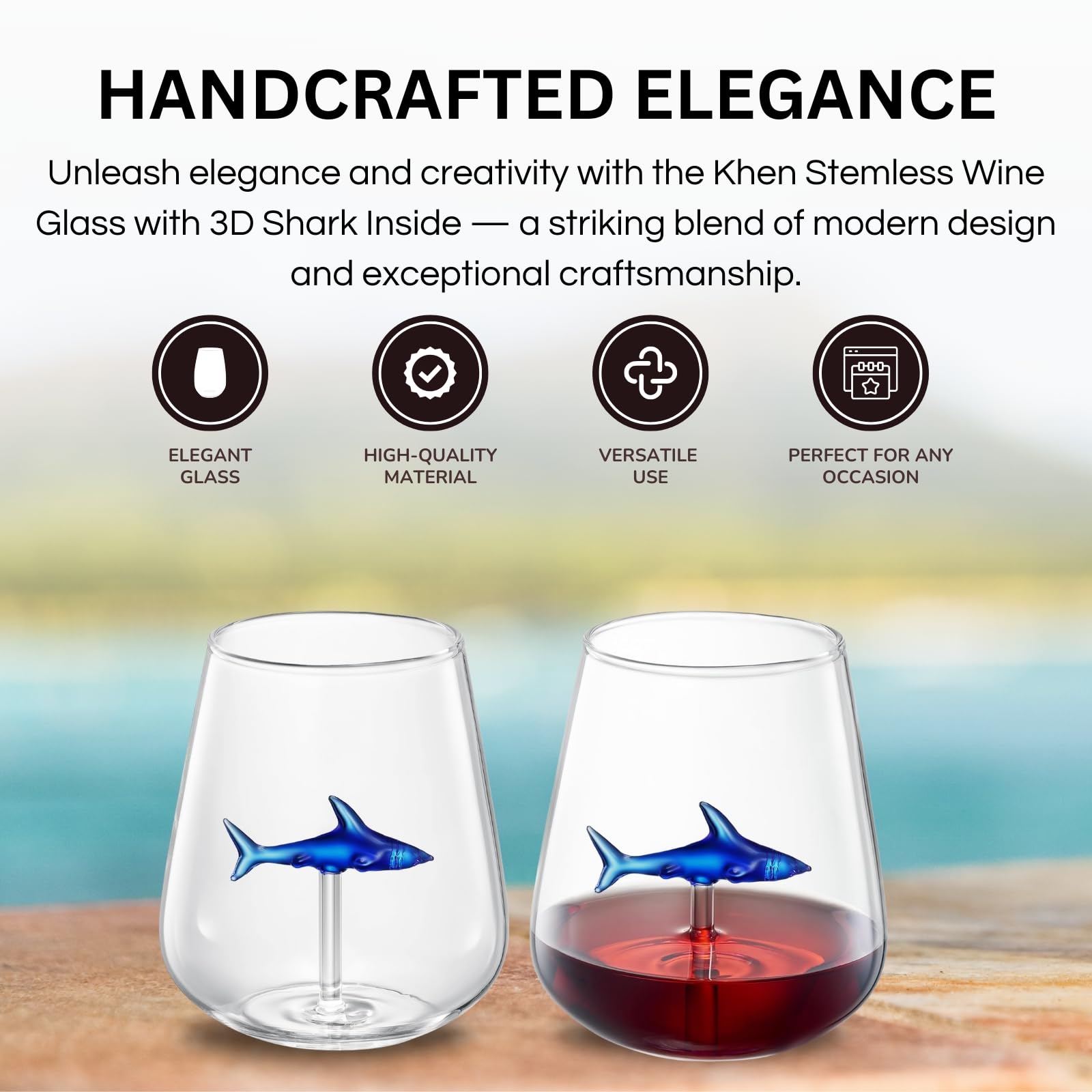 Handcrafted Stemless Shark Wine Glass - Personalized Set of 2