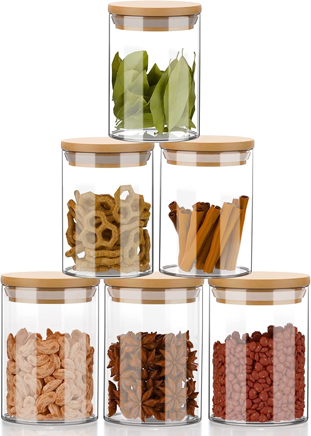 Avmphd Glass Cylinder Airtight Food Storage Container, Canister Jar With Bamboo Lid & Silicone Sealing Ring, 270Ml, (Set Of 6)