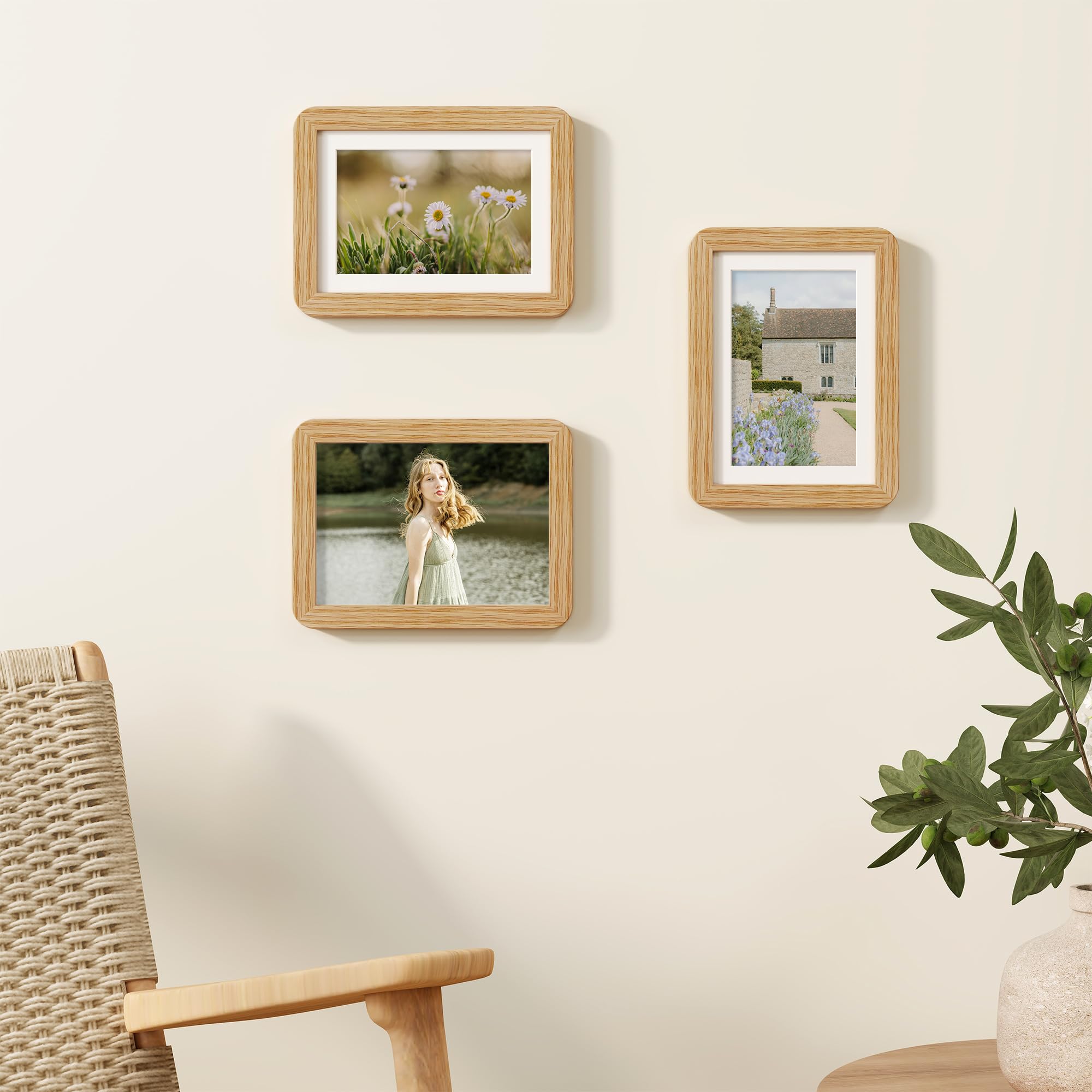 5x7 Picture Frame Set of 3, 5 by 7 Photo Frames for Wall & Tabletop Display, Solid Oak Wood Frames with Plexiglass, 5x7 Frame Ma