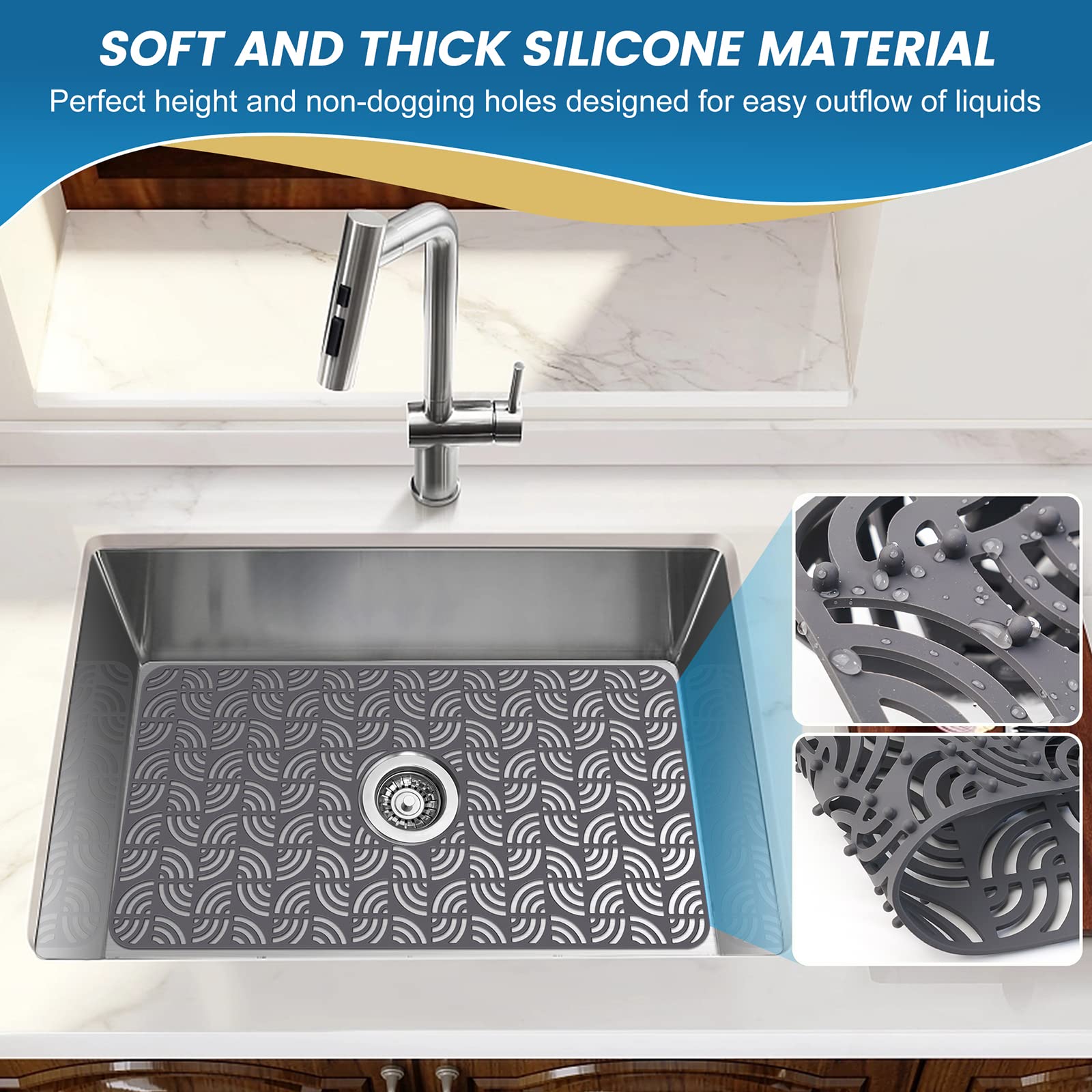 Premium Silicone Sink Protector For Kitchen Sink, 26''X 14''Kitchen Sink Mat Grid With Center Drain, Upgrade Heat Resistant & No
