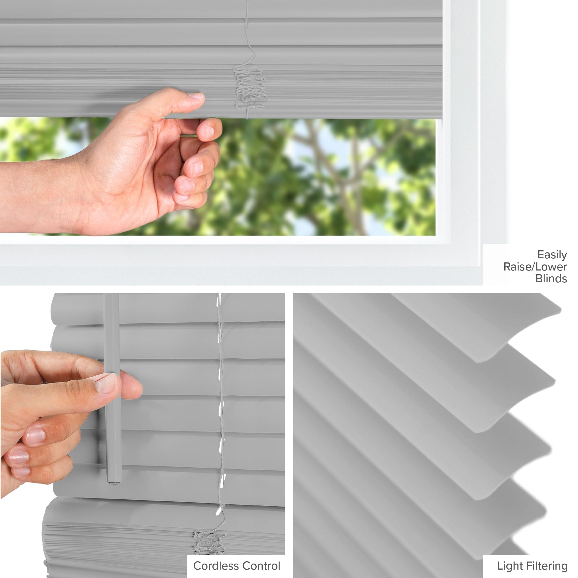 CHICOLOGY Mini Blinds for Indoor Windows - 27 W x 60 H, Gray Horizontal Vinyl Blinds | Cordless | Easy to Install | Sleek Low-Pr