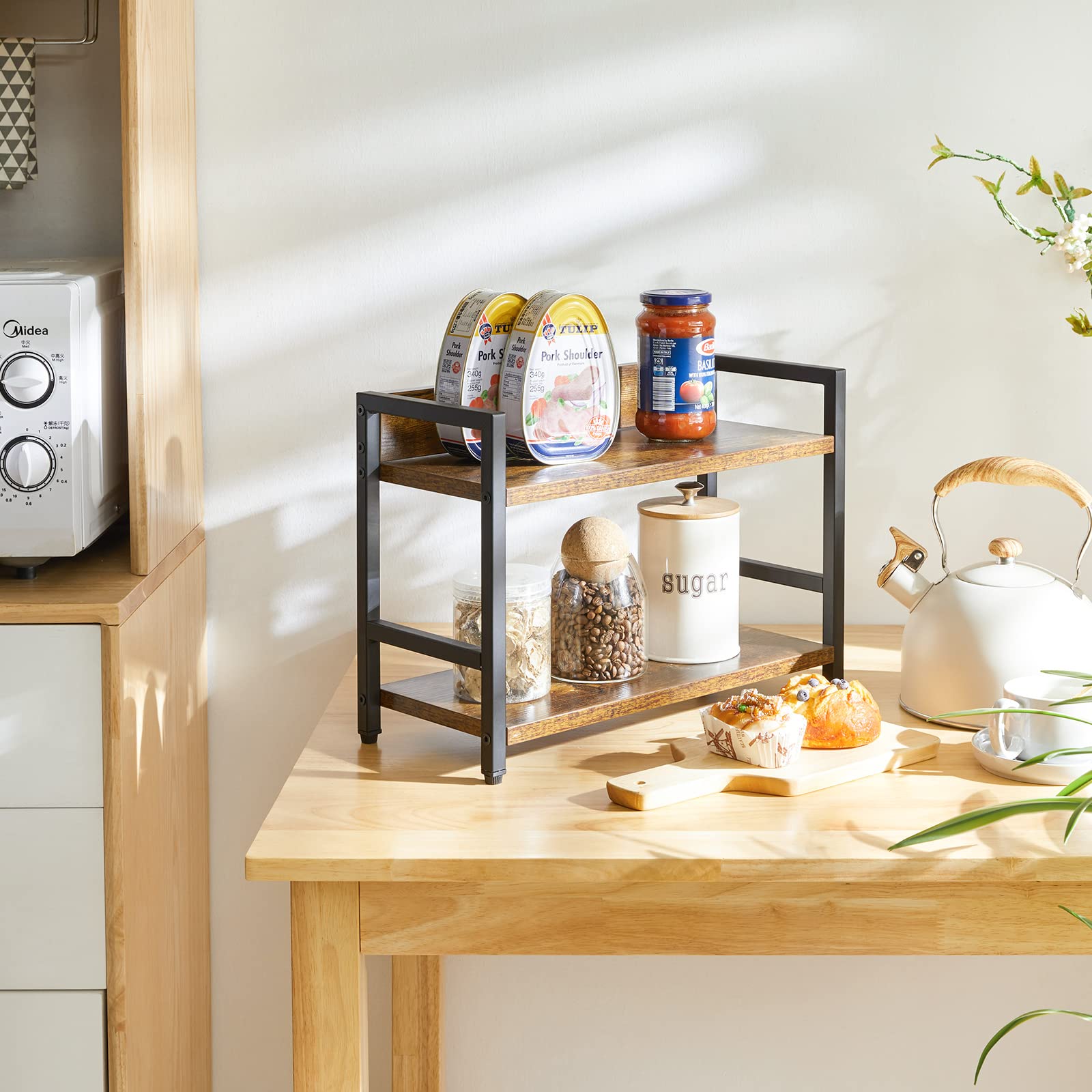 IBUYKE 2-Tier Spice Rack Industrial Counter Shelf Desktop Storage Organizer Standing Seasoning Rack for Countertop Kitchen Offic