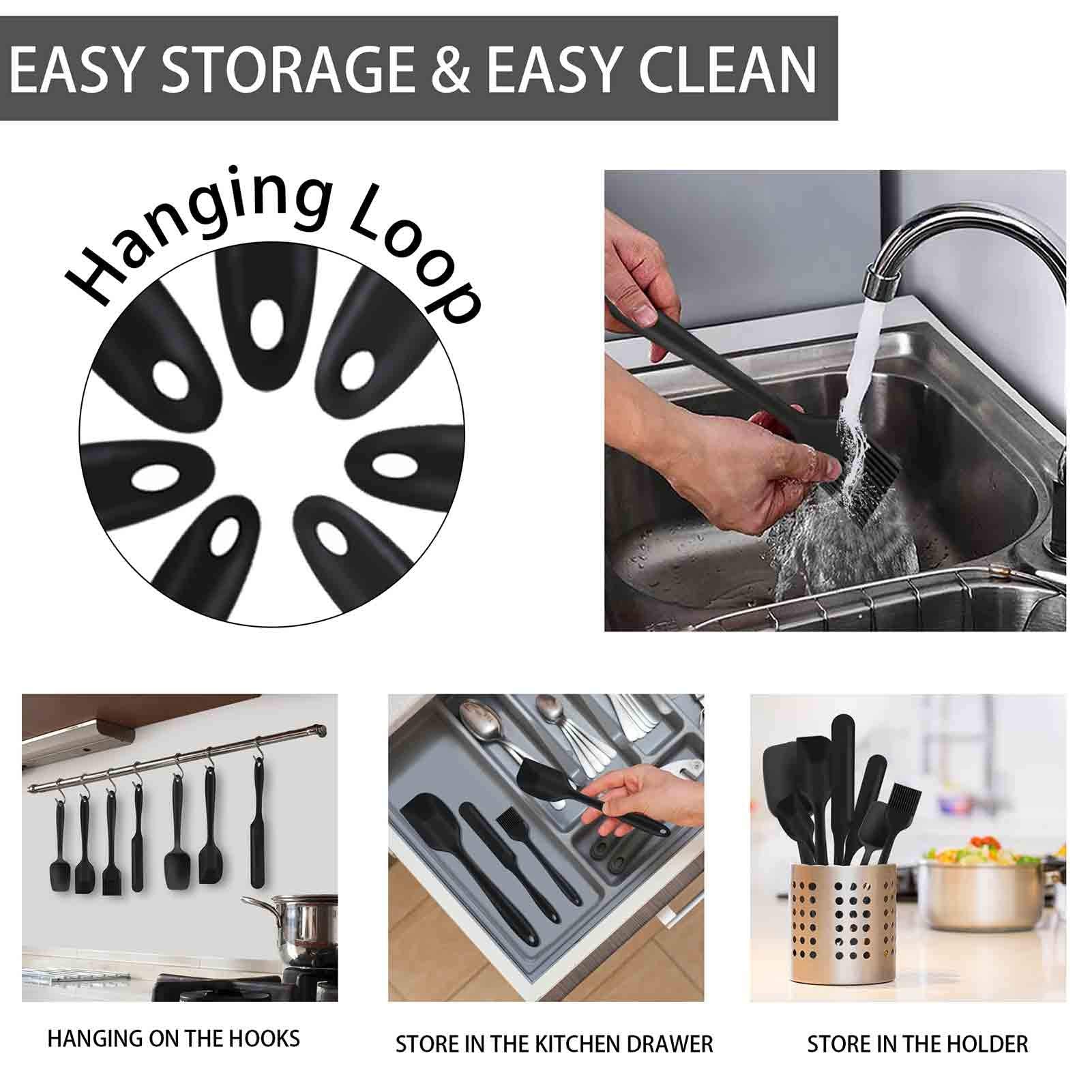 TeamFar Silicone Spatula Set, 7 PCS Heat Resistant Kitchen Utensils, Non Toxic, Dishwasher Safe, 12.3” × 1.25”, Black