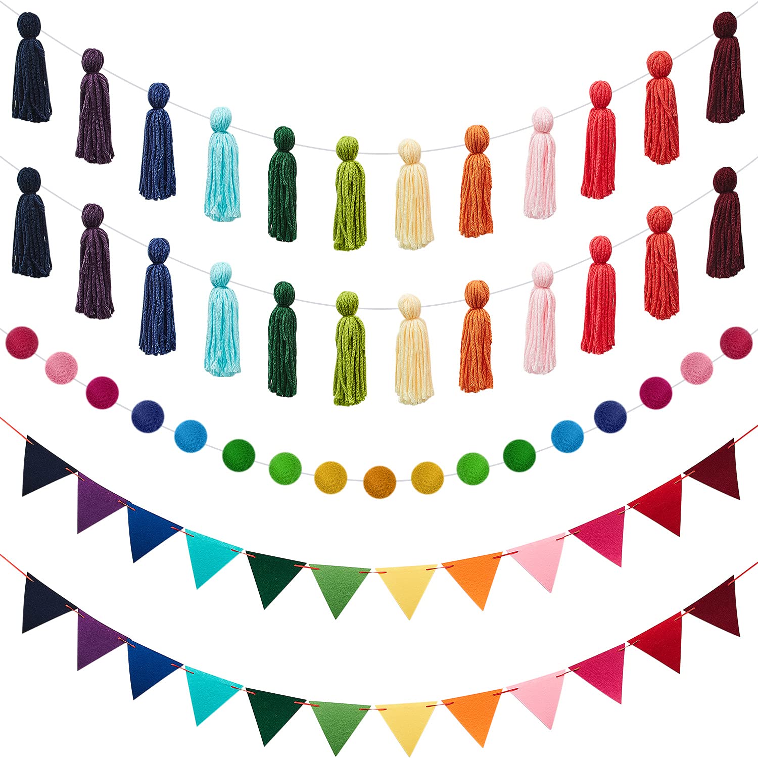 5 Pieces Colorful Rainbow Garland Banner Rainbow Pom Pom Tassel Garland Felt Balls Pennant Triangle Flags Hanging Banners for Ma