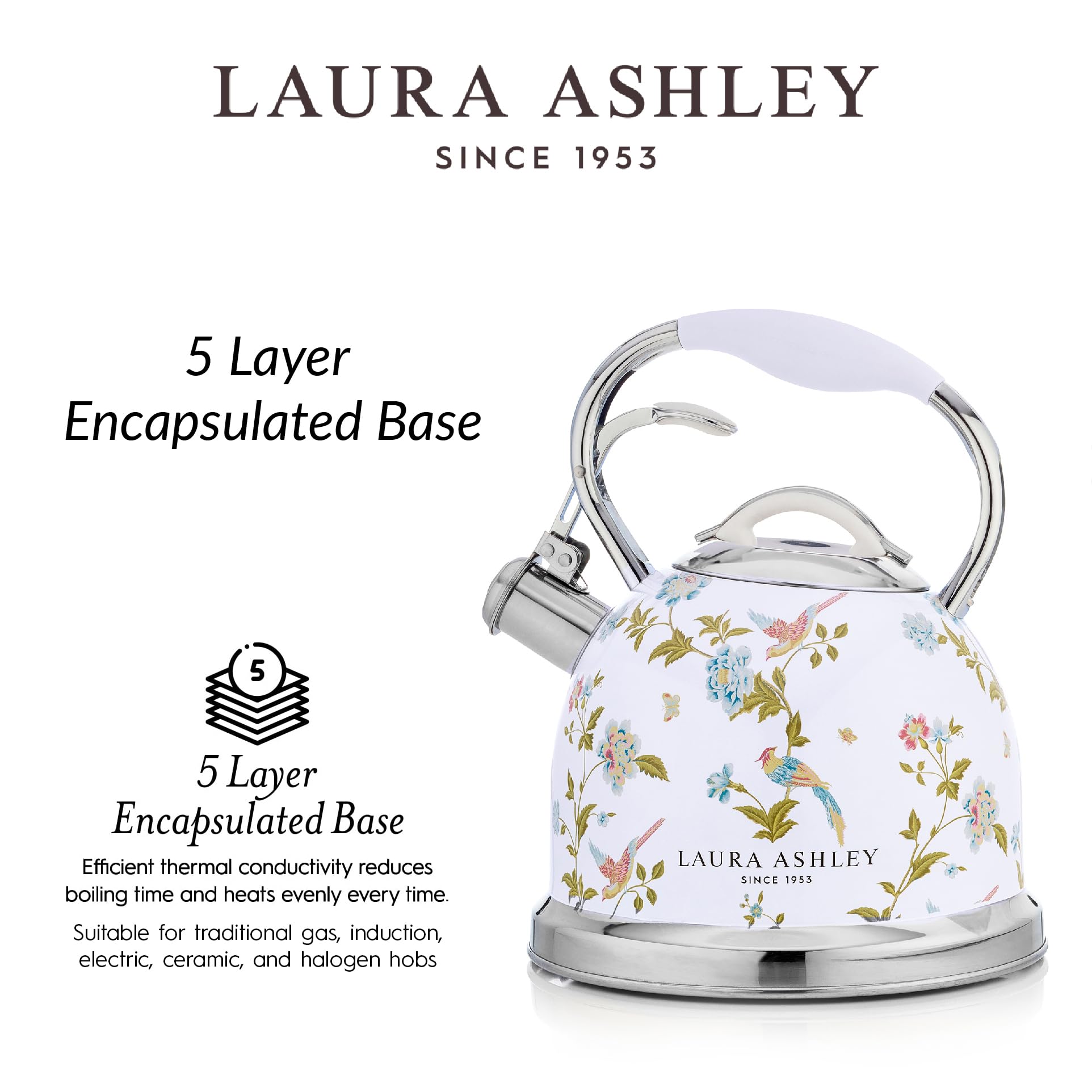 Vq Laura Ashley Elveden White 3L Stainless Steel Tea Kettle Stovetop Whistling Teapot For Induction, Gas Hob Or Others. Silicon