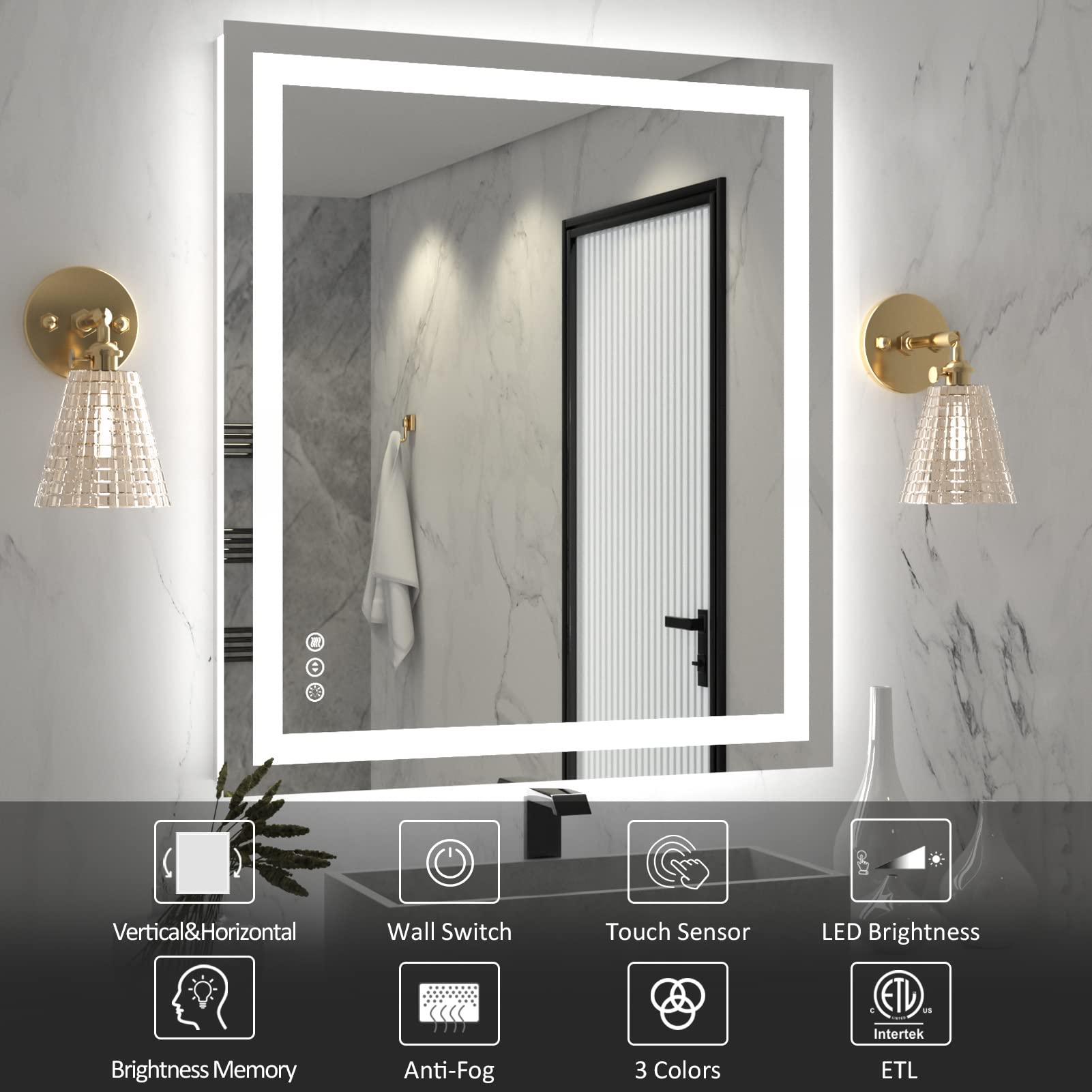 Amorho LED Bathroom Mirror 36''x 32'' with Front and Backlit  Stepless Dimmable Wall Mirrors with Anti-Fog  Shatter-Proof  Memory  3 Colors  Double LED Vanity Mirror (Horizontal/Vertical)