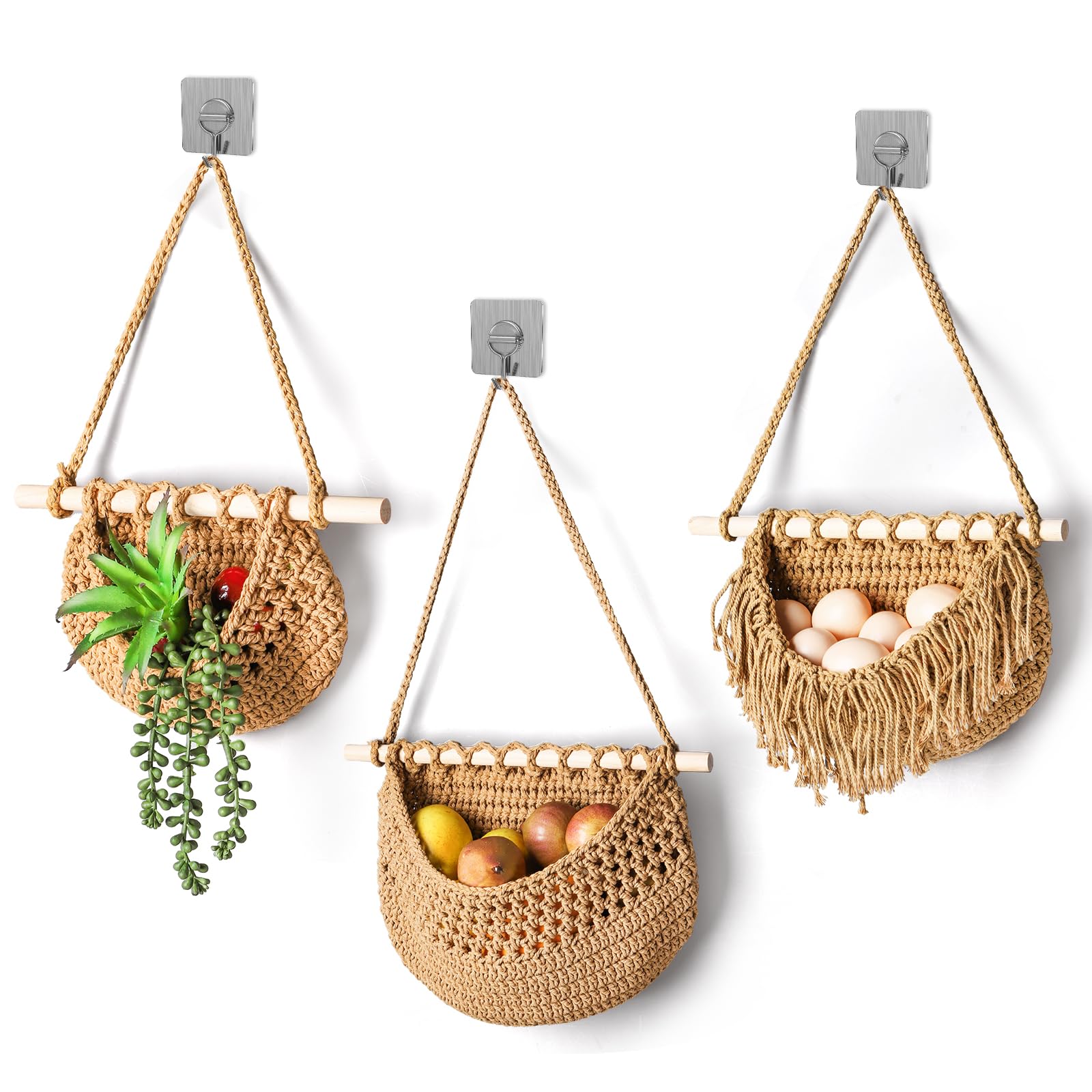 Lawei 3 Tier Hanging Fruit Basket, Wall Hanging Vegetable Fruit Baskets Cotton Woven Storage Baskets For Organizing, Boho Wall B