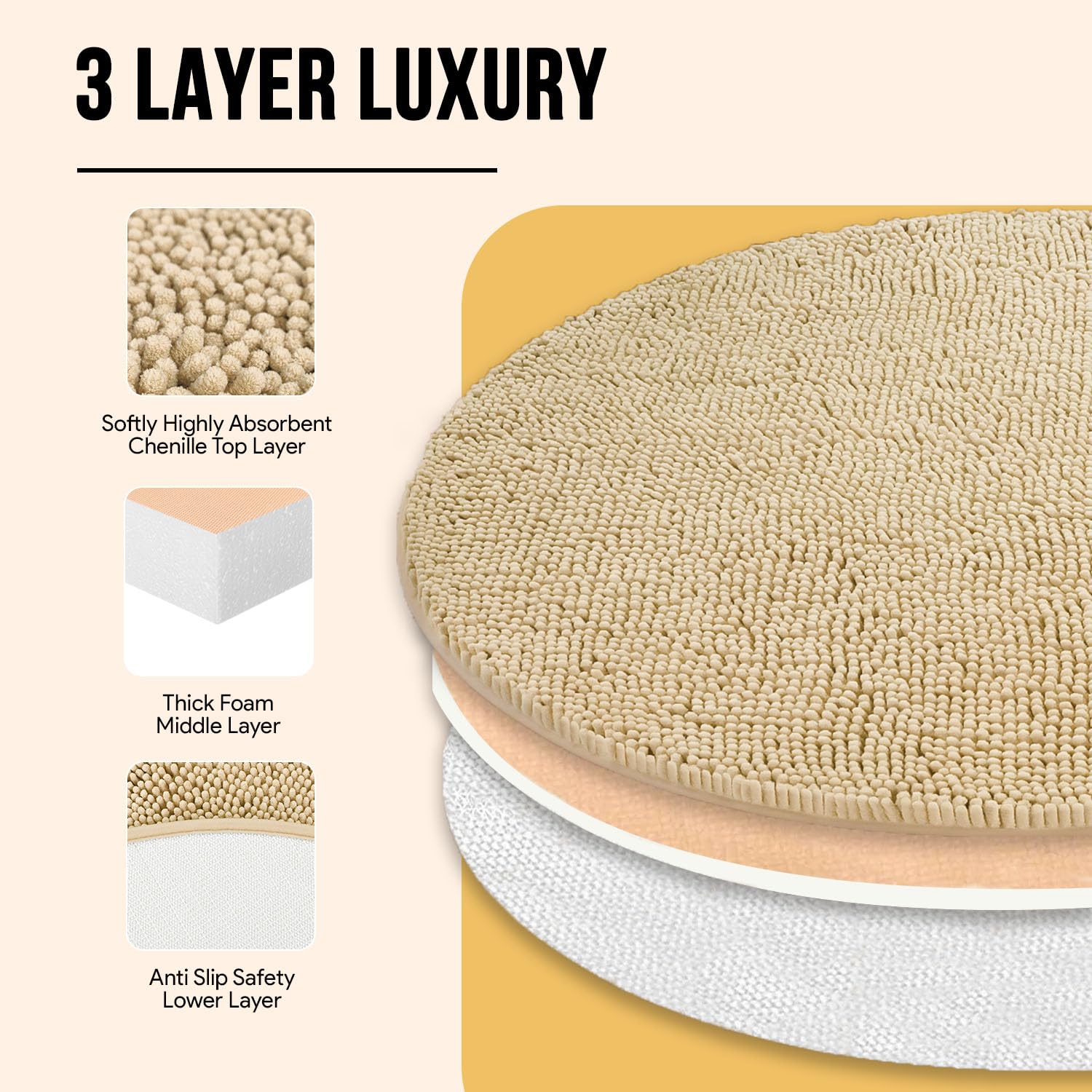MAYSHINE Soft Plush Chenille Round Bathroom and Area Rug  Absorbent Microfiber Bath Mat  Machine Washable  Non-Slip Grip  Quick-Dry  Great for Bath  Shower  Bedroom  Dog or Door Mat (Beige  3x3 Foot)