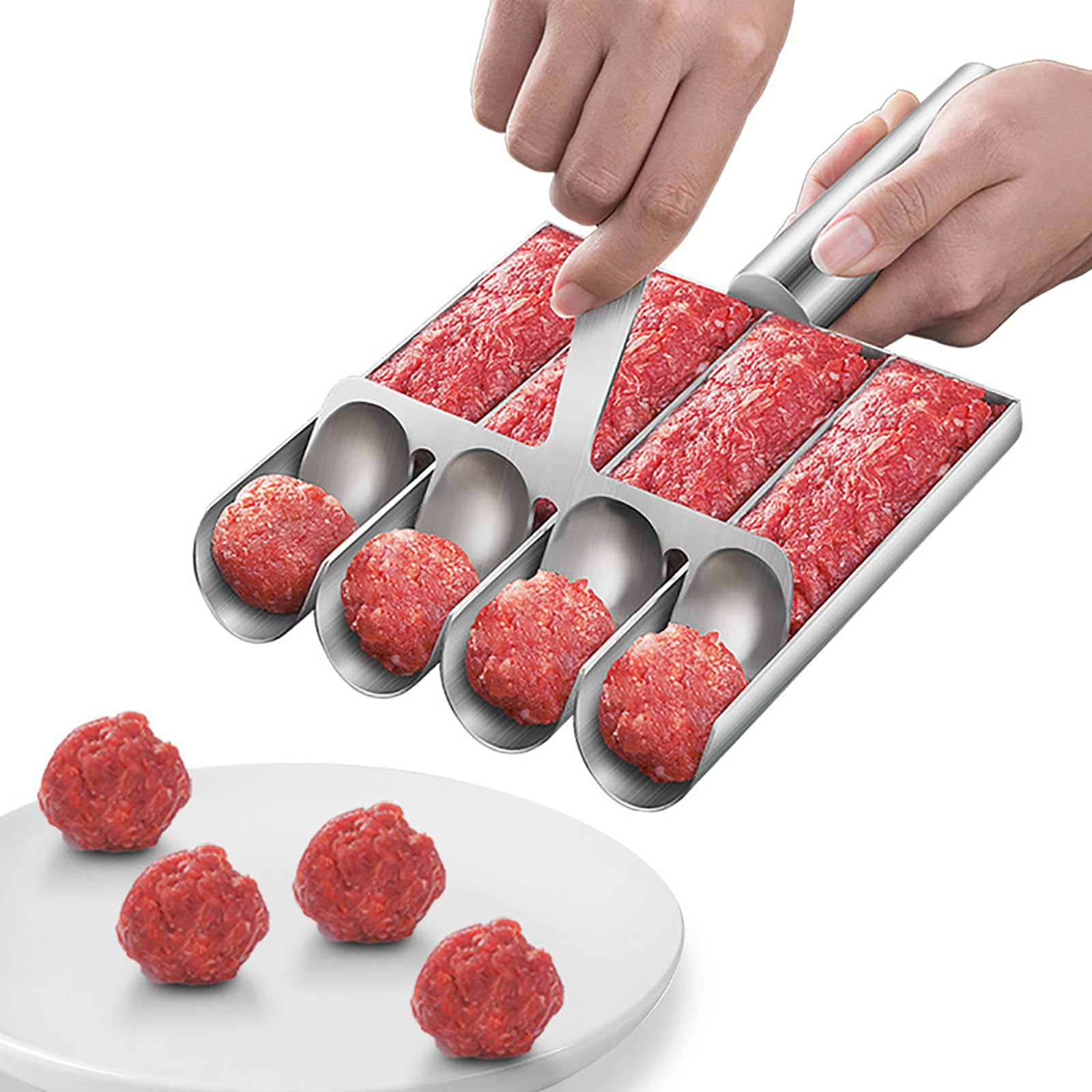 4-in-1 Meatball Maker Tool, 304 Stainless Steel Meatball Scoop & Mold, Makes 4 Uniform Meatballs at Once, Nonstick Release, Dish