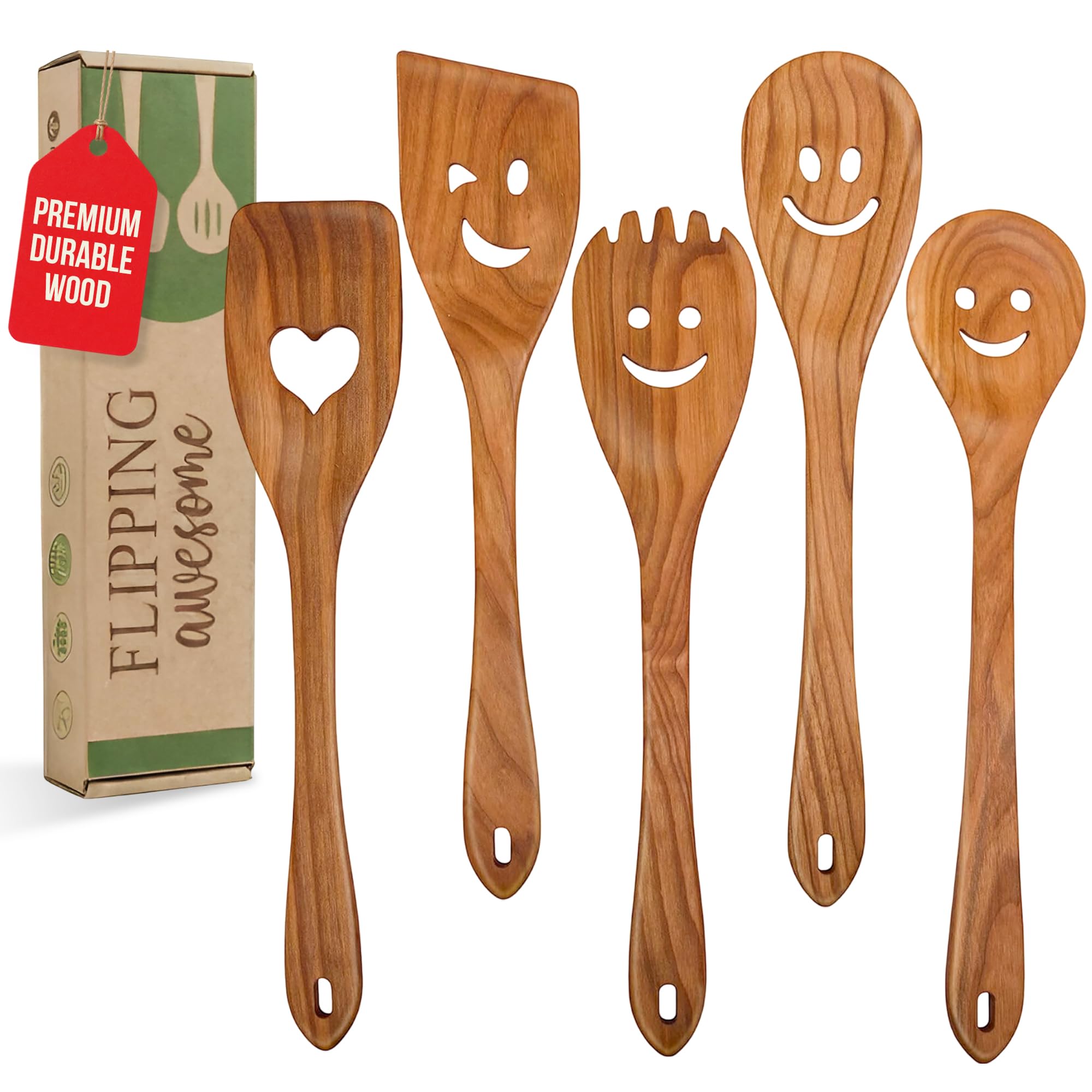 MFC 5-Piece Wooden Cooking Spoons - Kitchen Set from Natural Cherry Wood - Wooden Spoons for Cooking - Funny Utensil Set with Sm