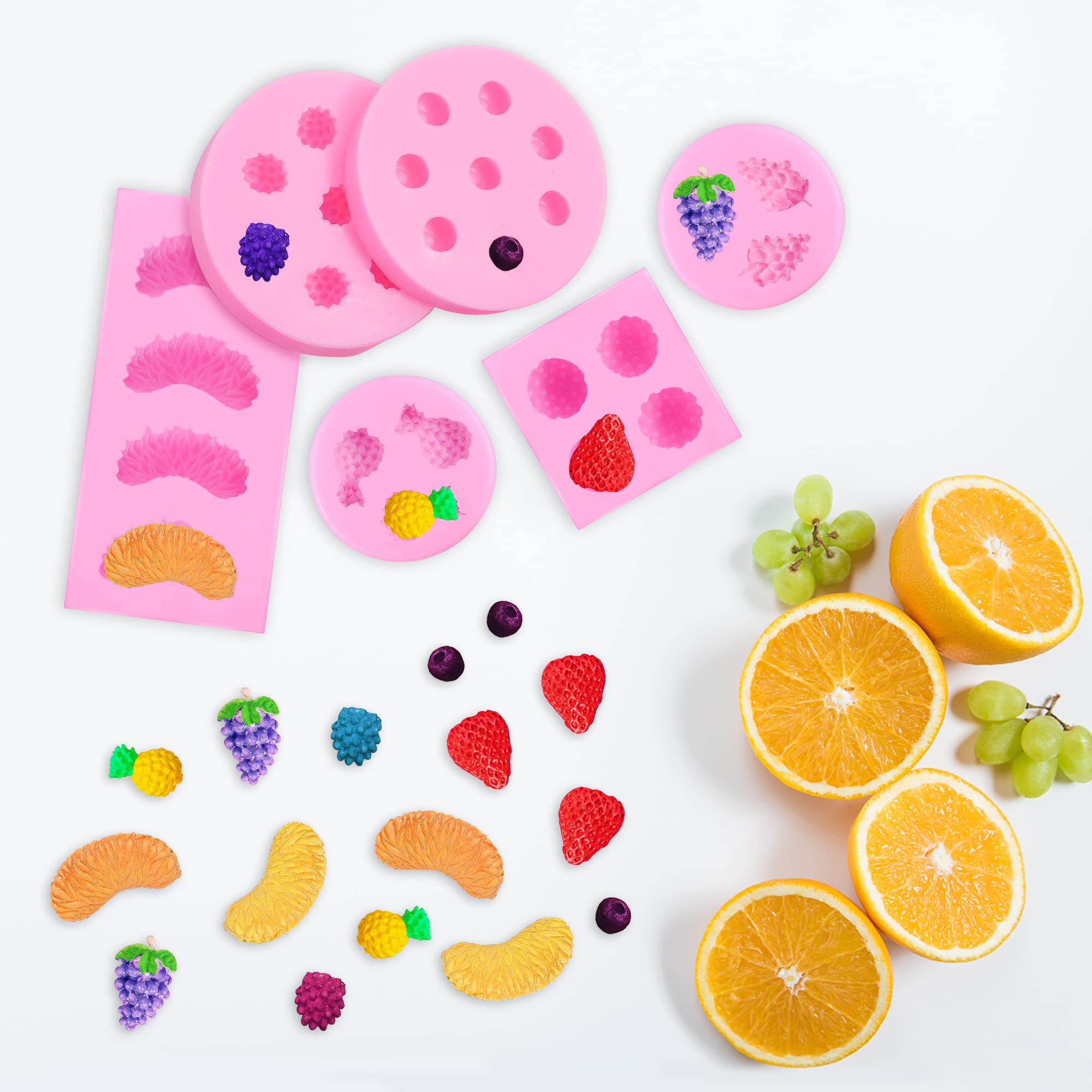 6 Pieces Fruit Shaped Jelly Molds Fruit Silicone Molds Strawberry Mold Orange Pineapple Mulberry Blueberry Grape Fondant Molds Wax Molds Silicone Molds for Candles Chocolate Soap Cupcake Decorating