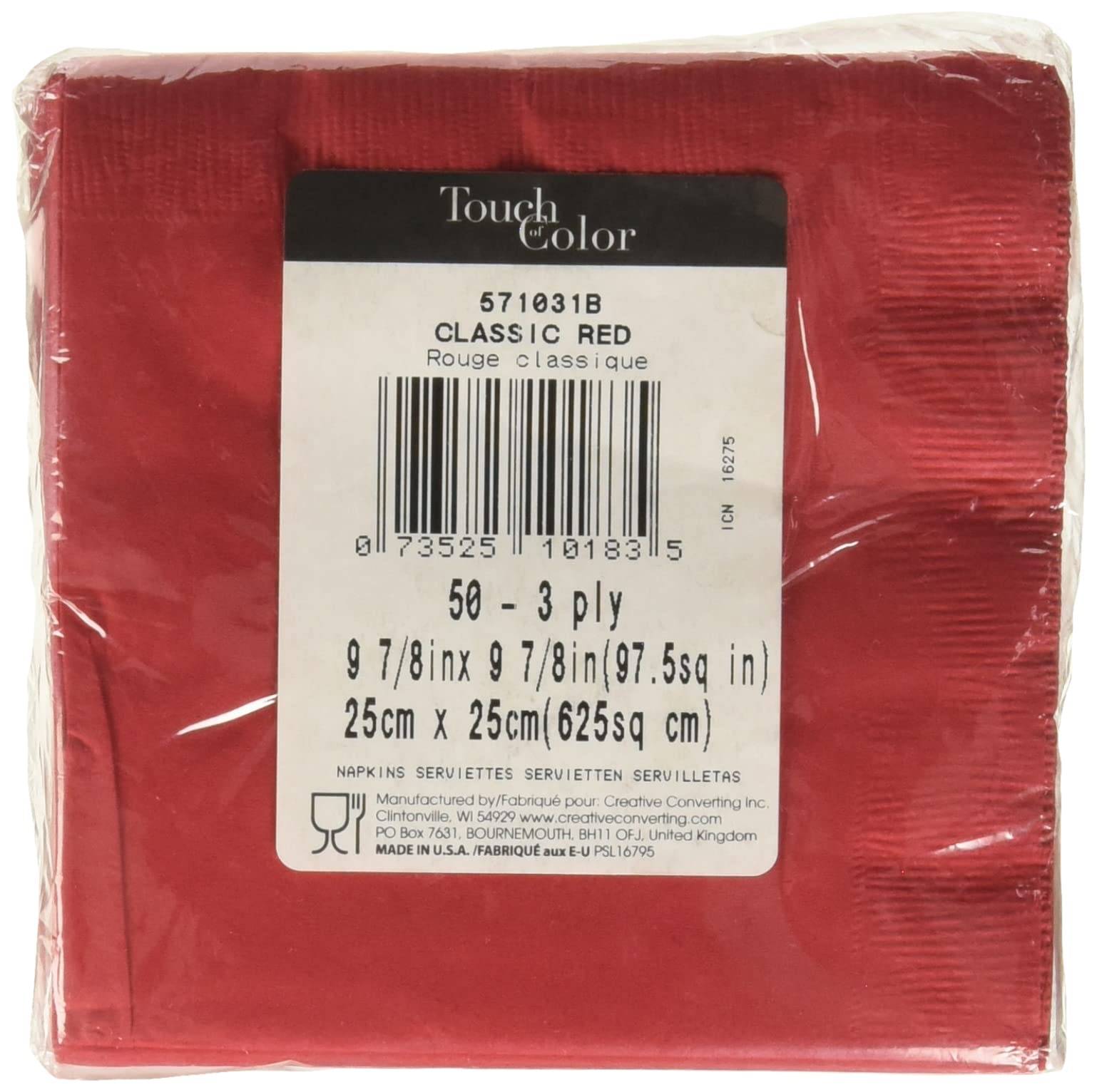 Creative Converting 500 Count Case Touch Of Color 3-Ply Beverage Napkins, Classic Red
