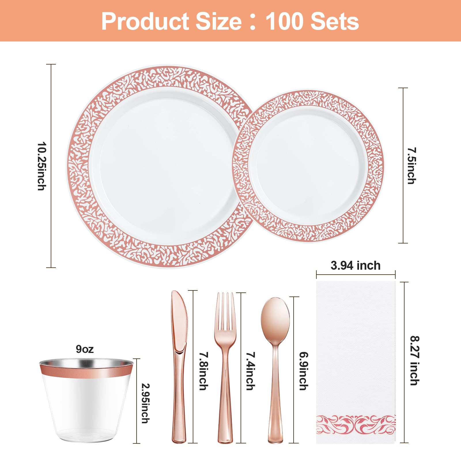 Bestluck 700Pcs Rose Gold Plastic Dinnerware Set For 100 Guests, Disposable Plates For Valentine'S Day, Include 100 Rose Dinner