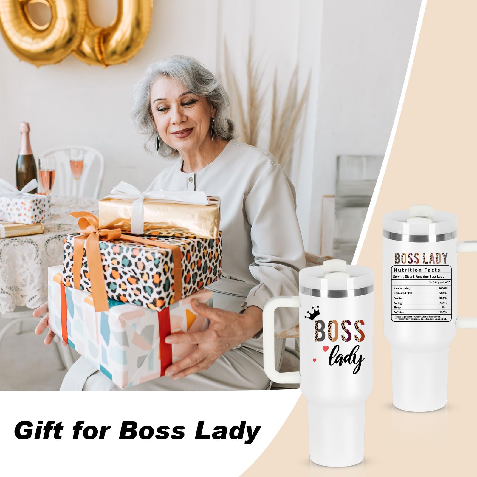 Boss Day Gift For Boss Lady, Boss Lady Nutrition Fact Gift For Boss Lady Manager Coworker Employer, 40 Oz Boss Lady Tumbler With