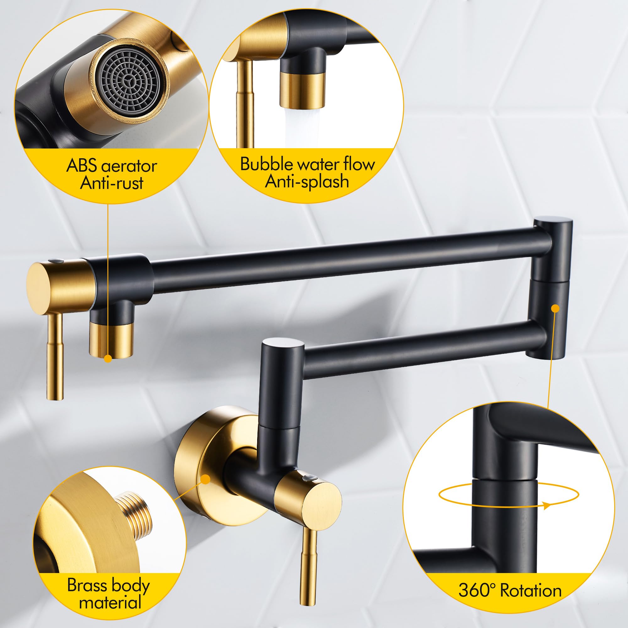 Fransiton Black & Gold Pot Filler, Pot Filler Faucet Wall Mount, Brass Folding Stretchable With Double Joint Swing Arm Single Ho