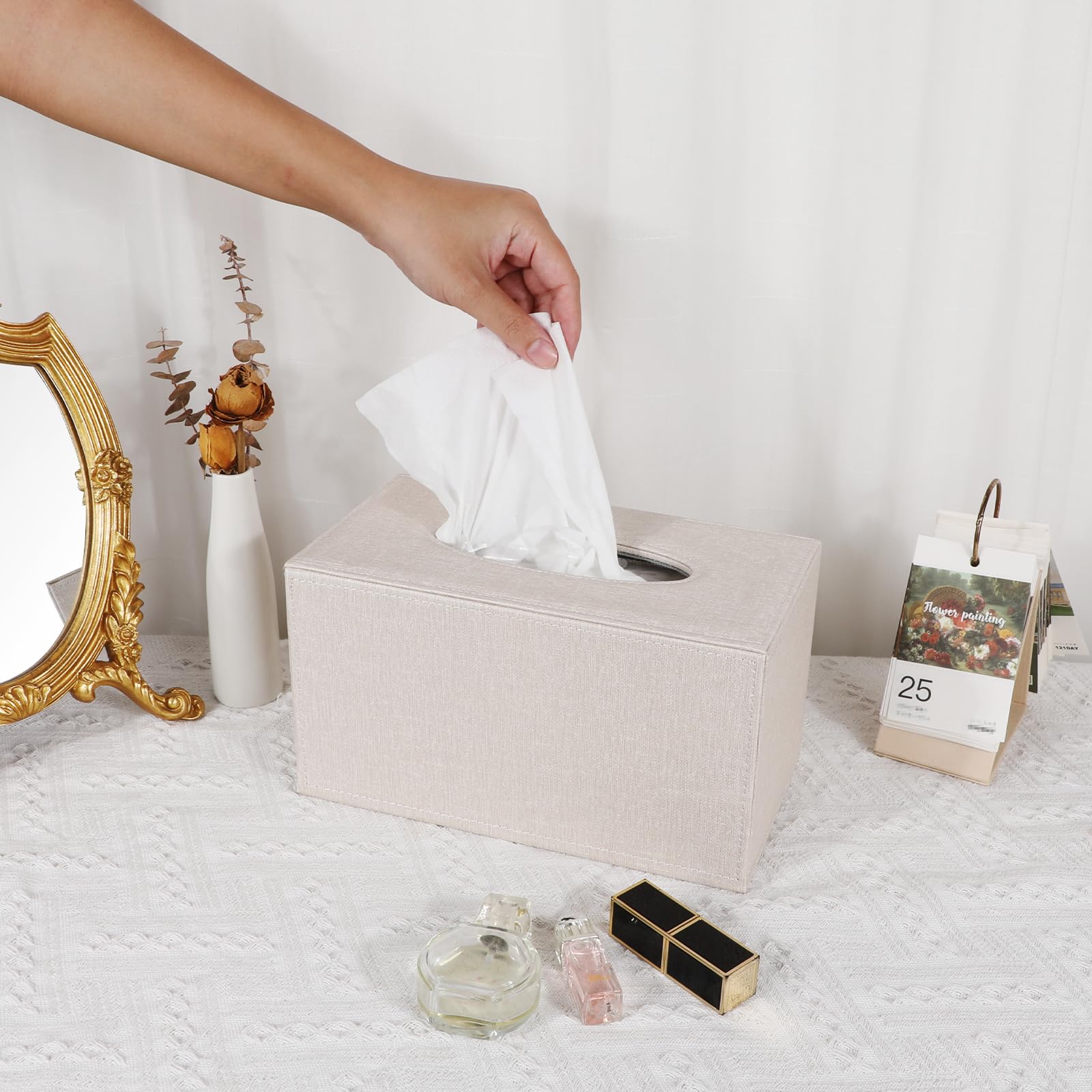 Sumnacon Tissue Box Cover Rectangular Tissue Box Holder Linen Tissue Box With Magnetic Bottom Decorative Beige Tissue Box For Ba