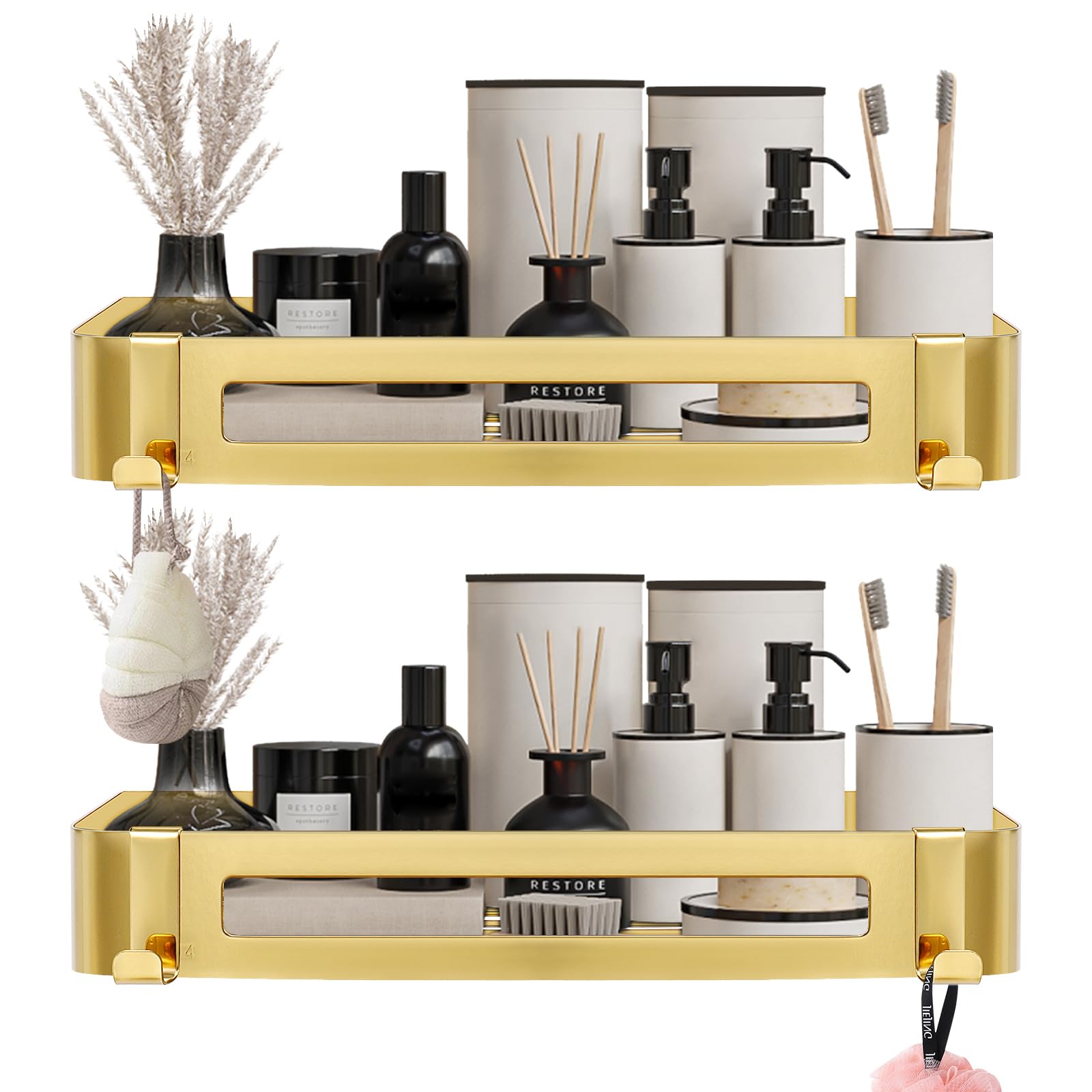 Nearmoon Bathroom Shower Caddy 2 Pack, No Drill 304 Stainless Steel Shower Organizer With 2 Hooks (Shower Shelf, Gold)