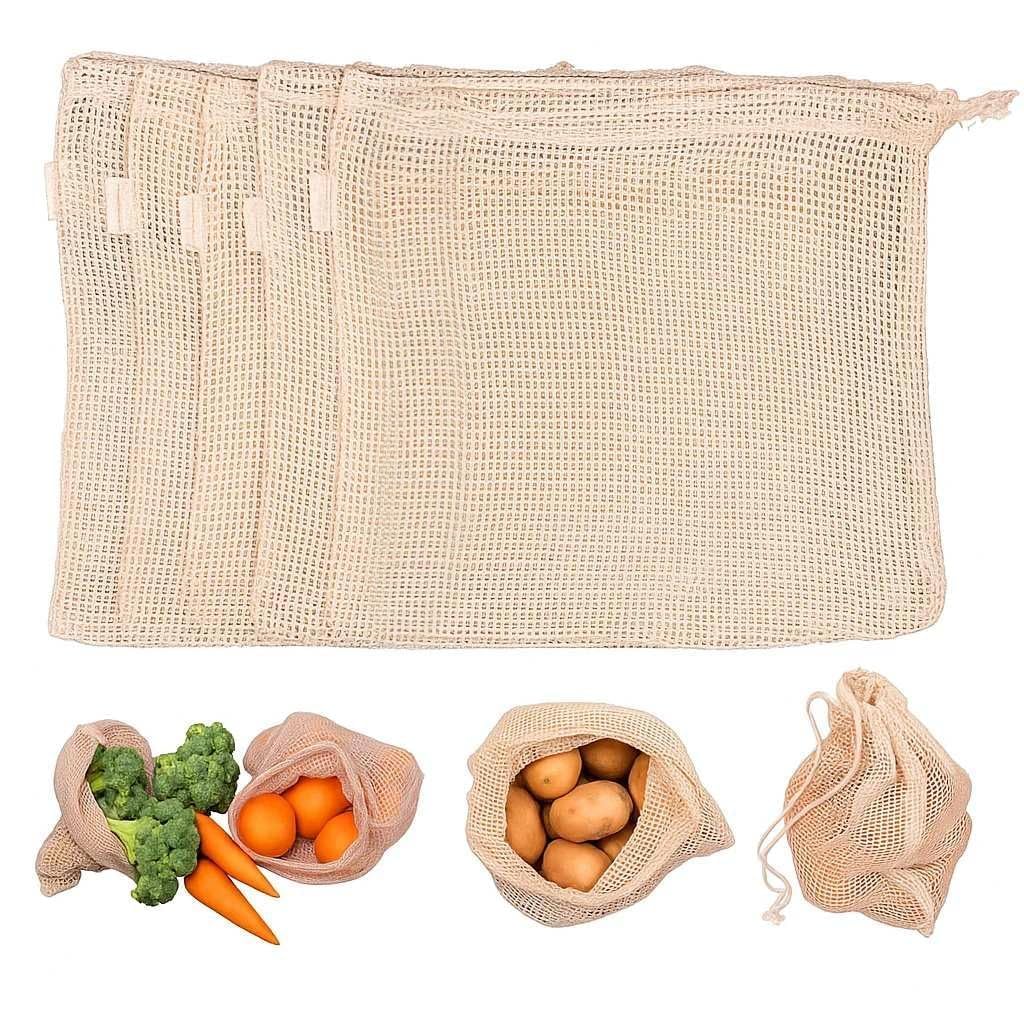 Niralasa 100% Cotton Set Of 5 Fridge Drawstring Bags Eco Friendly Reusable Cotton Mesh Vegetable Storage Bags For Fridge Pantry 