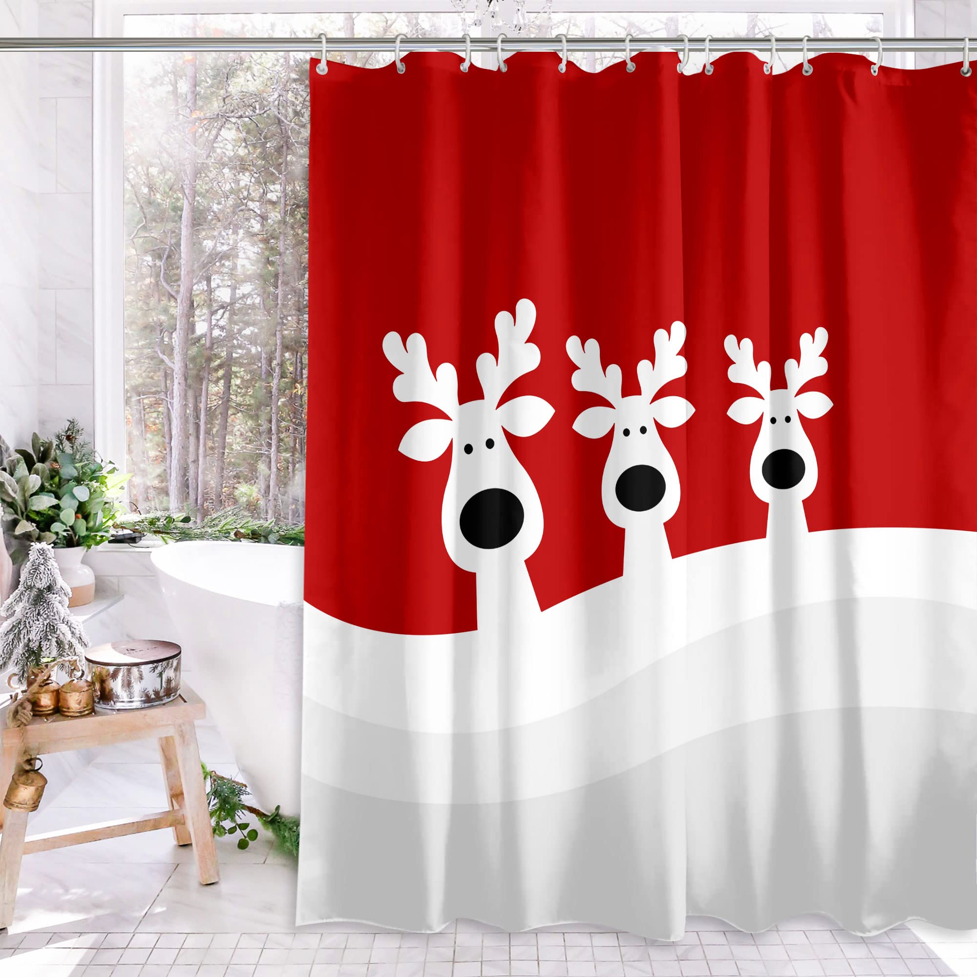 Christmas Elk Shower Curtain, Merry Christmas Reindeer Shower Curtains For Bathroom, Winter Farmhouse Bathroom Home Decor, Cute