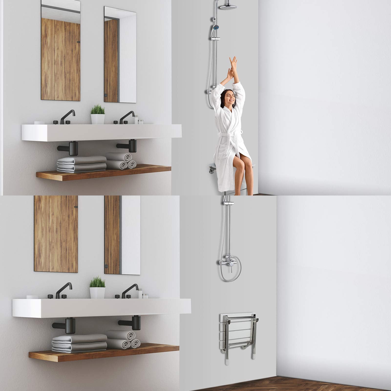 Jcwangdefu Folding Shower Seat Wall Mounted Bathroom Bathtub Safety Stool Chair, Solid Wood, With Support Legs, Load Of 350 Lbs,