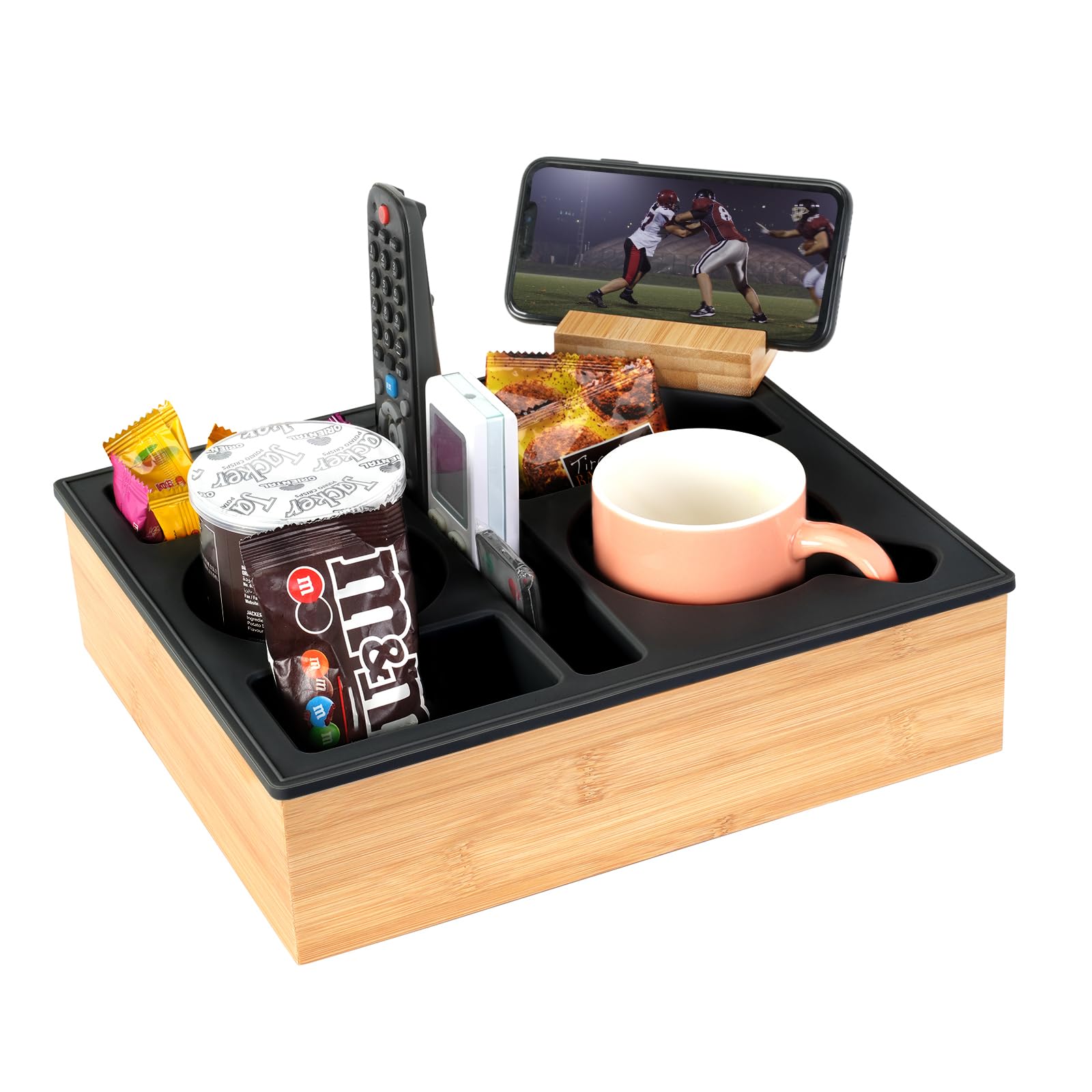 Couch Cup Holder Tray, Hitseon Silicone Bamboo Couch Caddy With Rotatable Phone Holder For Bed Car Seat Organizer, Waterproof An