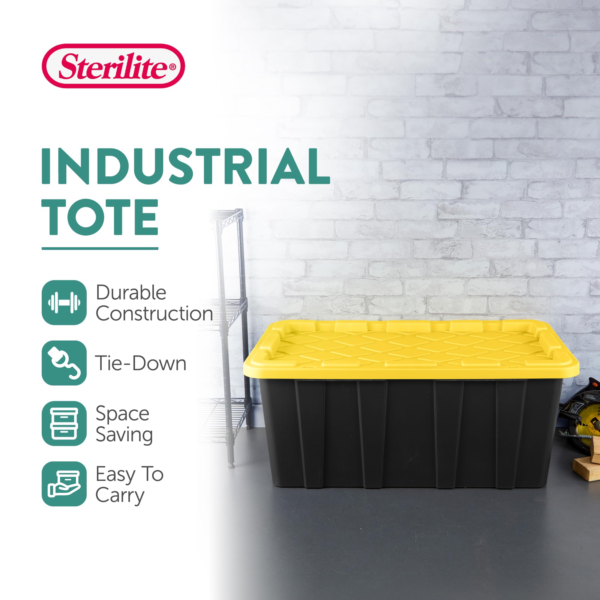 Sterilite 4-Pack Stackable Storage Bins, Heavy Duty Totes W/ Lids, 38 Gallon, Black/Yellow