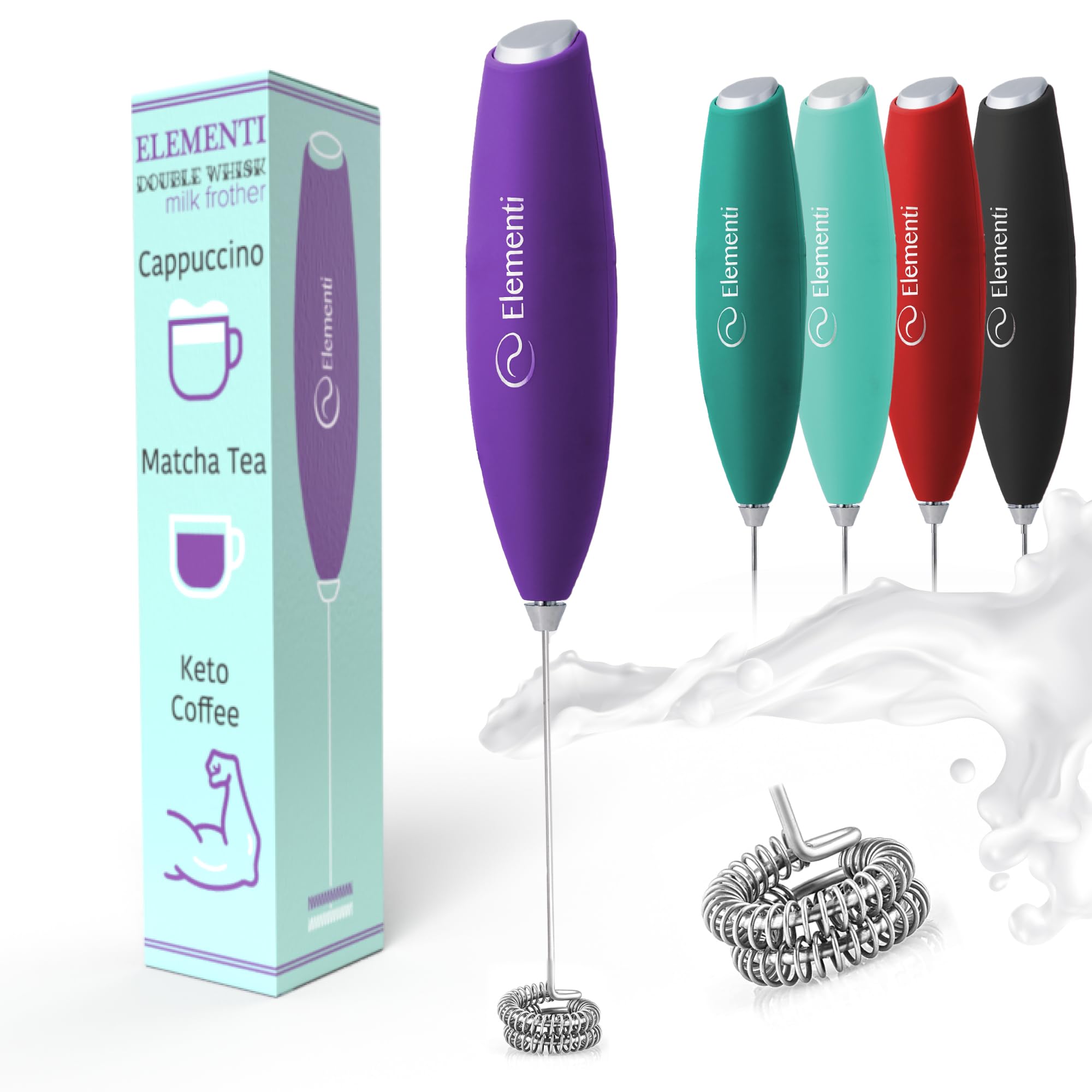 Elementi Milk Frother Wand With Double Whisk - Coffee Frother Electric Stirrer - Matcha Whisk & Drink Mixer Handheld - Hand Held