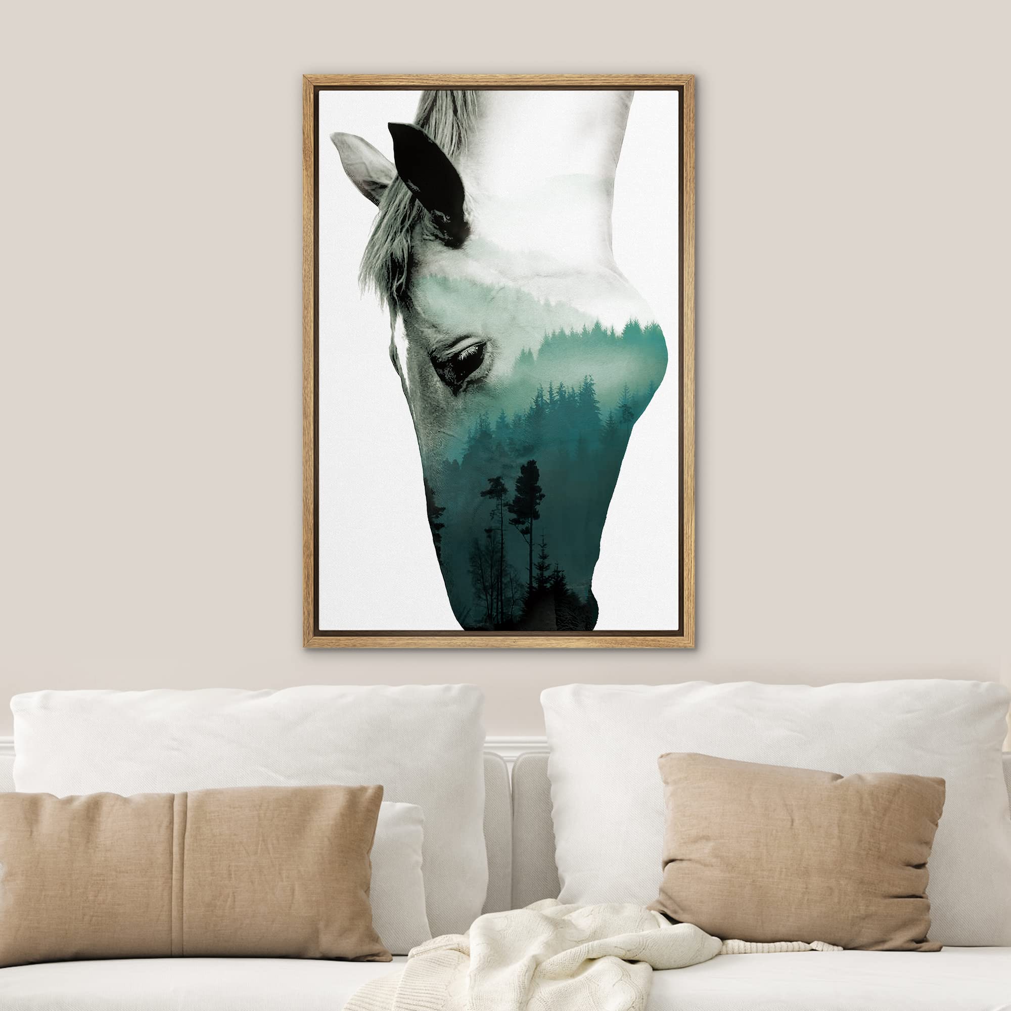 Signwin Framed Canvas Wall Art A Wild Horse And Foggy Mountain Double Exposure Photography Animals Wildlife Digital Modern Art R