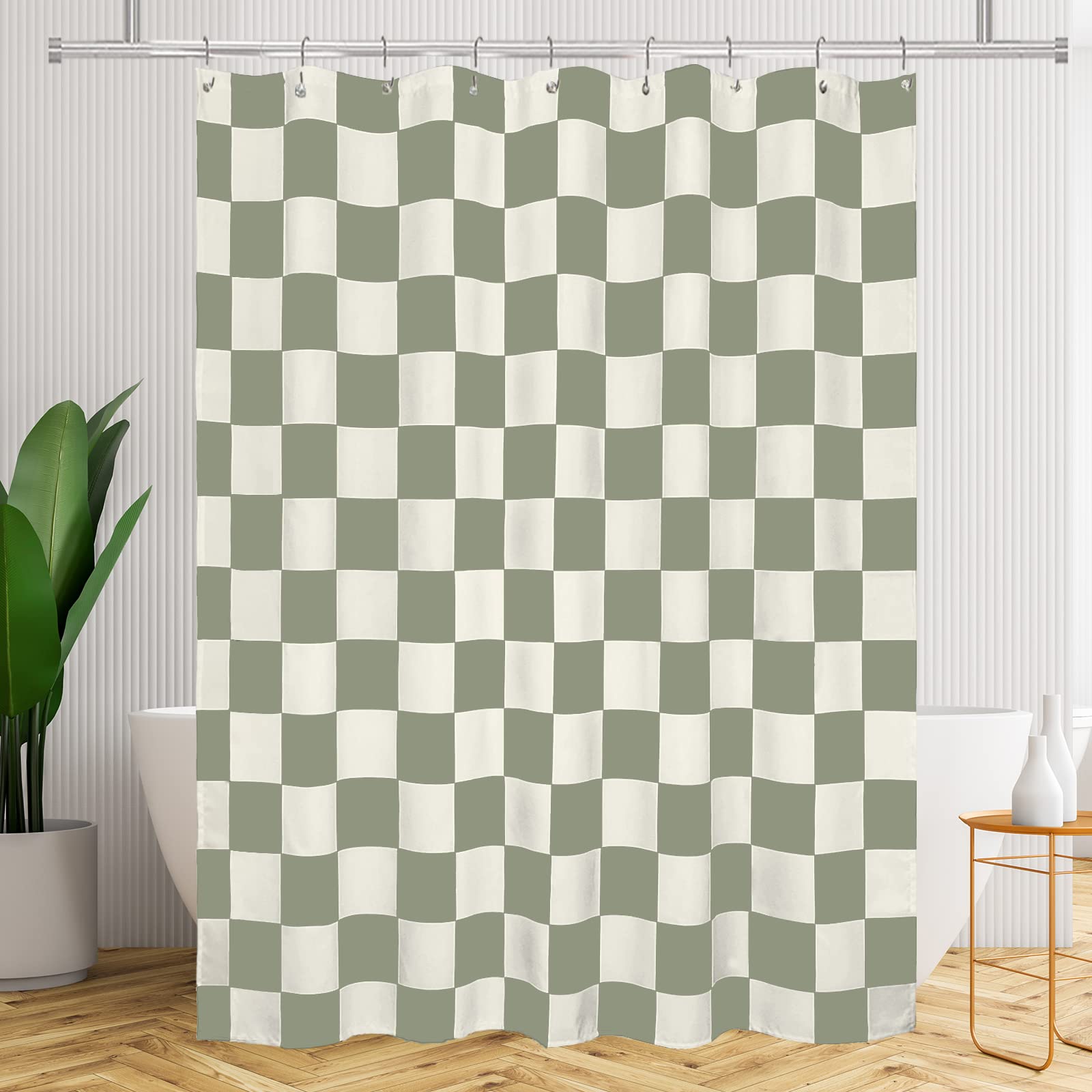 Tititex Aesthetic Checkerboard Grid Pattern Shower Curtain, Beige Sage Green Modern Shower Curtain Sets Decoration 71X71 Inch Wi