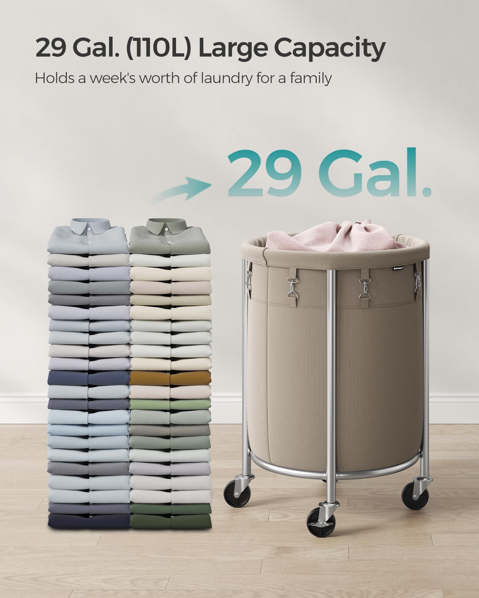 Songmics 50.2-Gallon (190 L) Laundry Basket With Wheels, Rolling Round Heavy-Duty Laundry Hamper Cart With Steel Frame And Remov