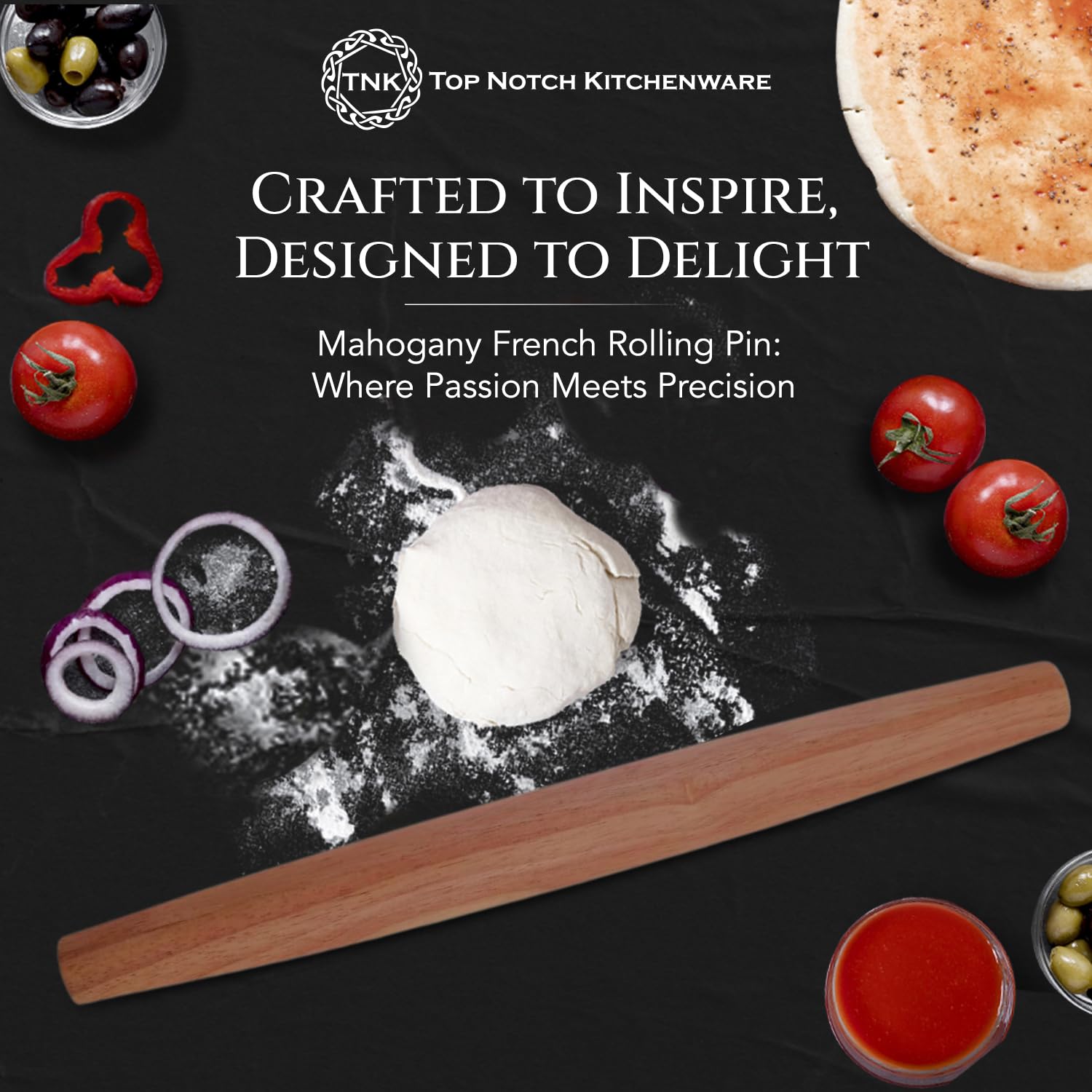 Top Notch Kitchenware Mahogany French Rolling Pin | Non-Stick Kitchen Tool | Tapered Solid Wood Design For Precise Bakin | Ideal