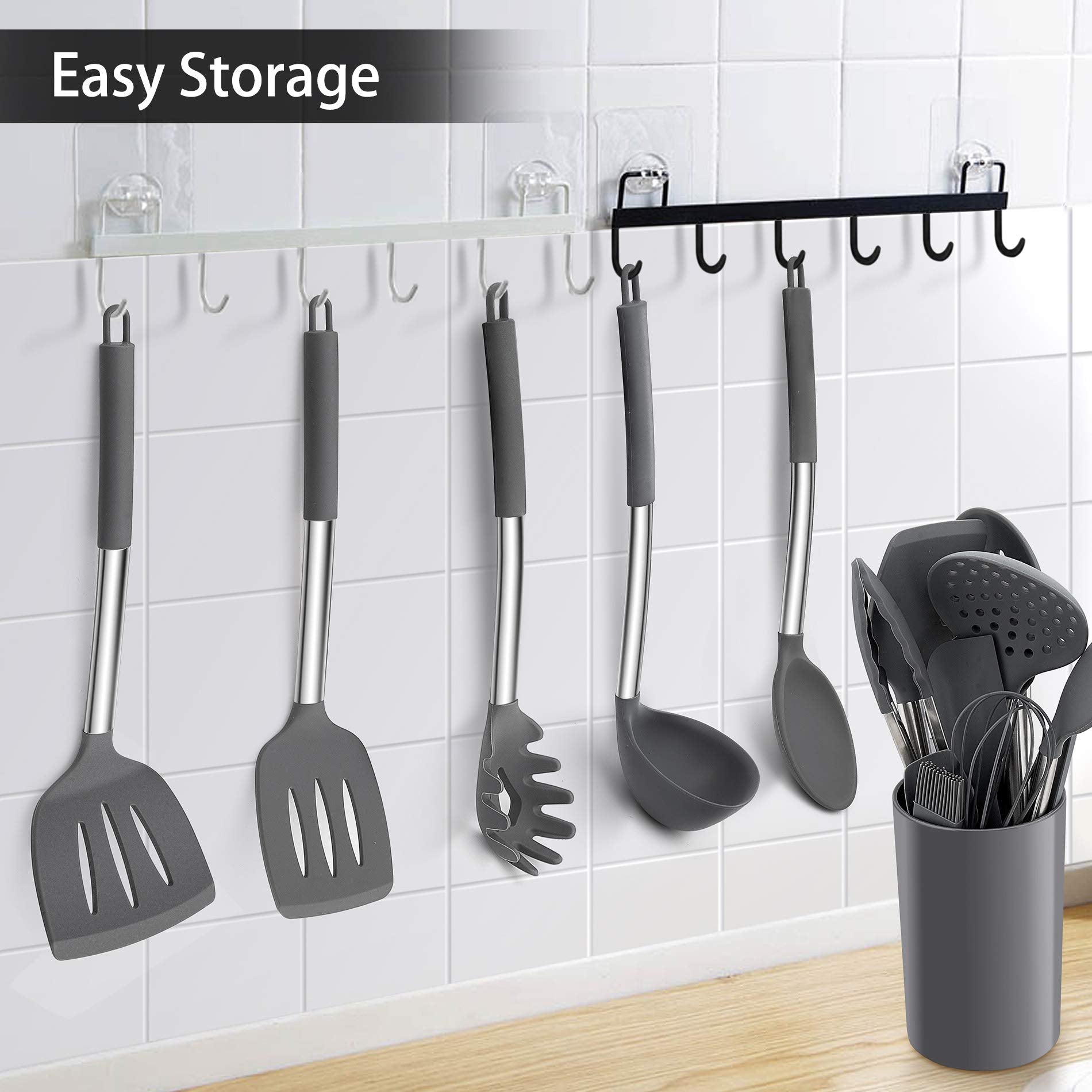 LIANYU 15-Piece Cooking Kitchen Utensils Set with Holder  Silicone Kitchen Tools Stainless Steel Handle  Slotted Spatula Spoon Turner Tong Whisk Brush for Cooking  Gray